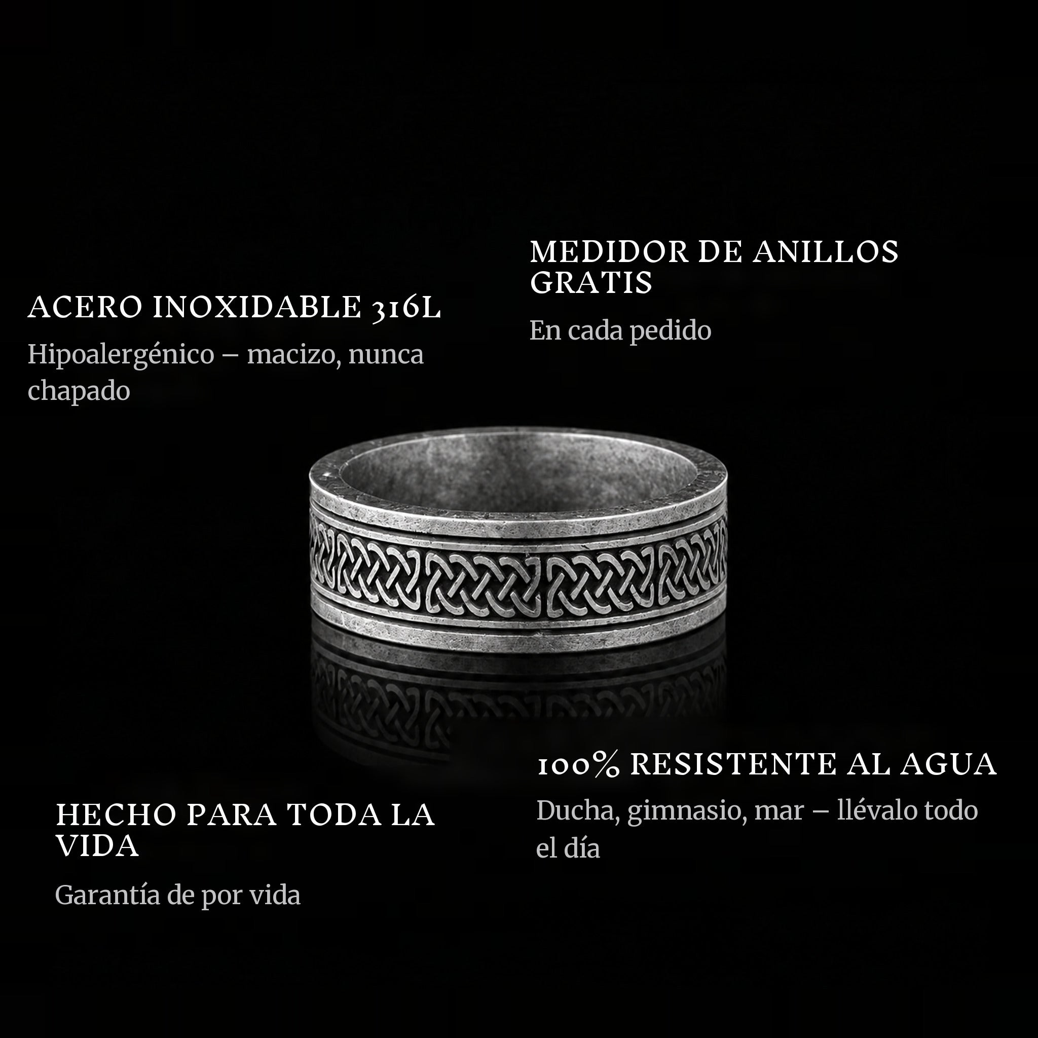 Old Norse ring features: 316L stainless steel, free ring sizer in every order, 100% waterproof, lifetime guarantee