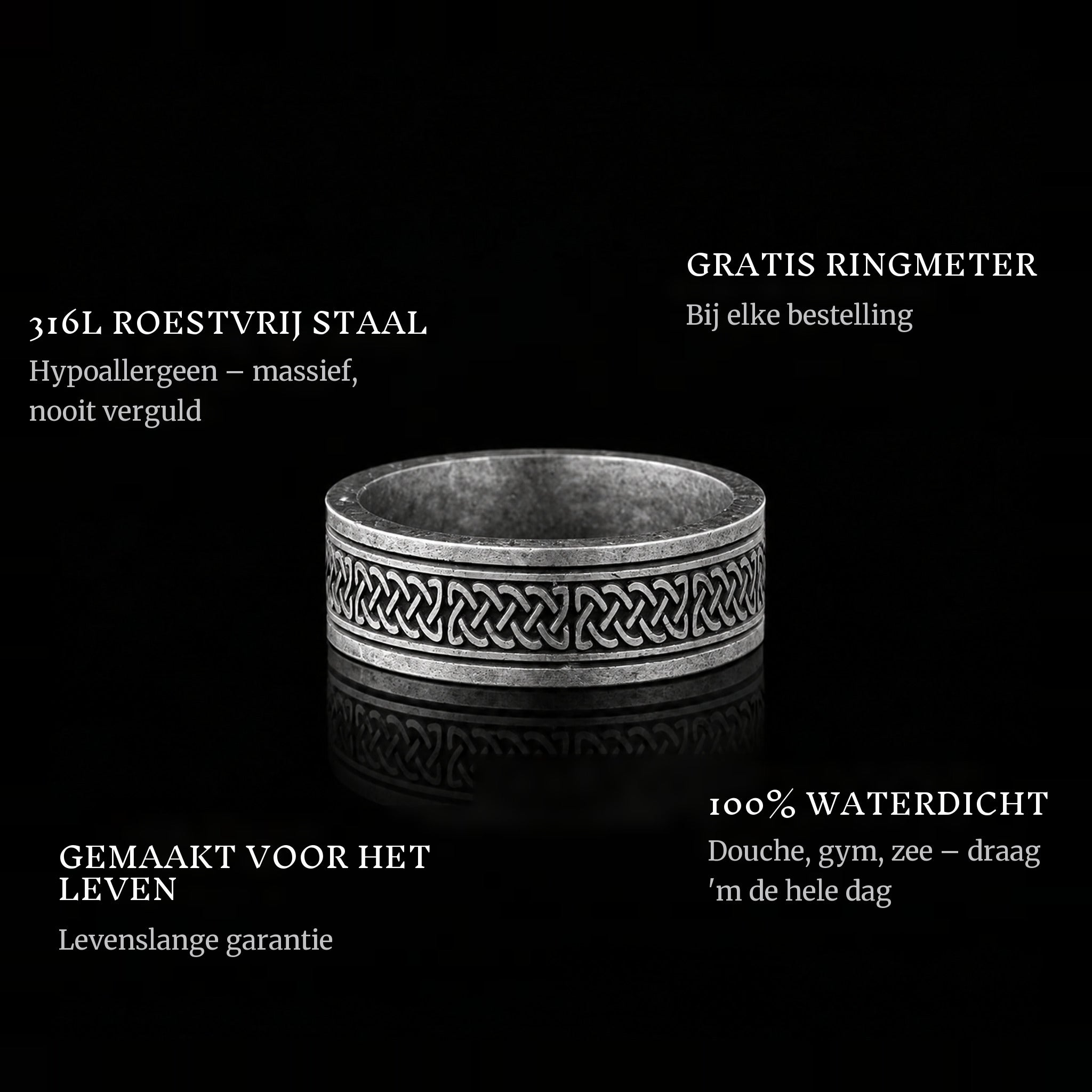 Old Norse ring features: 316L stainless steel, free ring sizer in every order, 100% waterproof, lifetime guarantee
