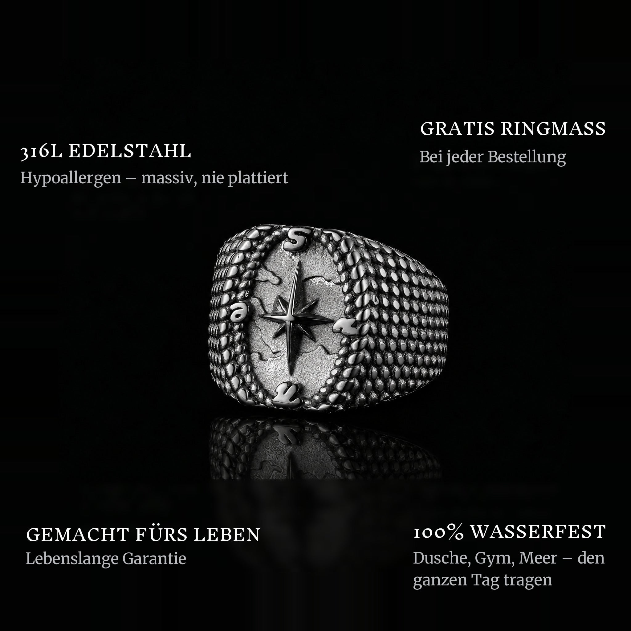 North Star ring features: 316L stainless steel, free ring sizer in every order, 100% waterproof, lifetime guarantee