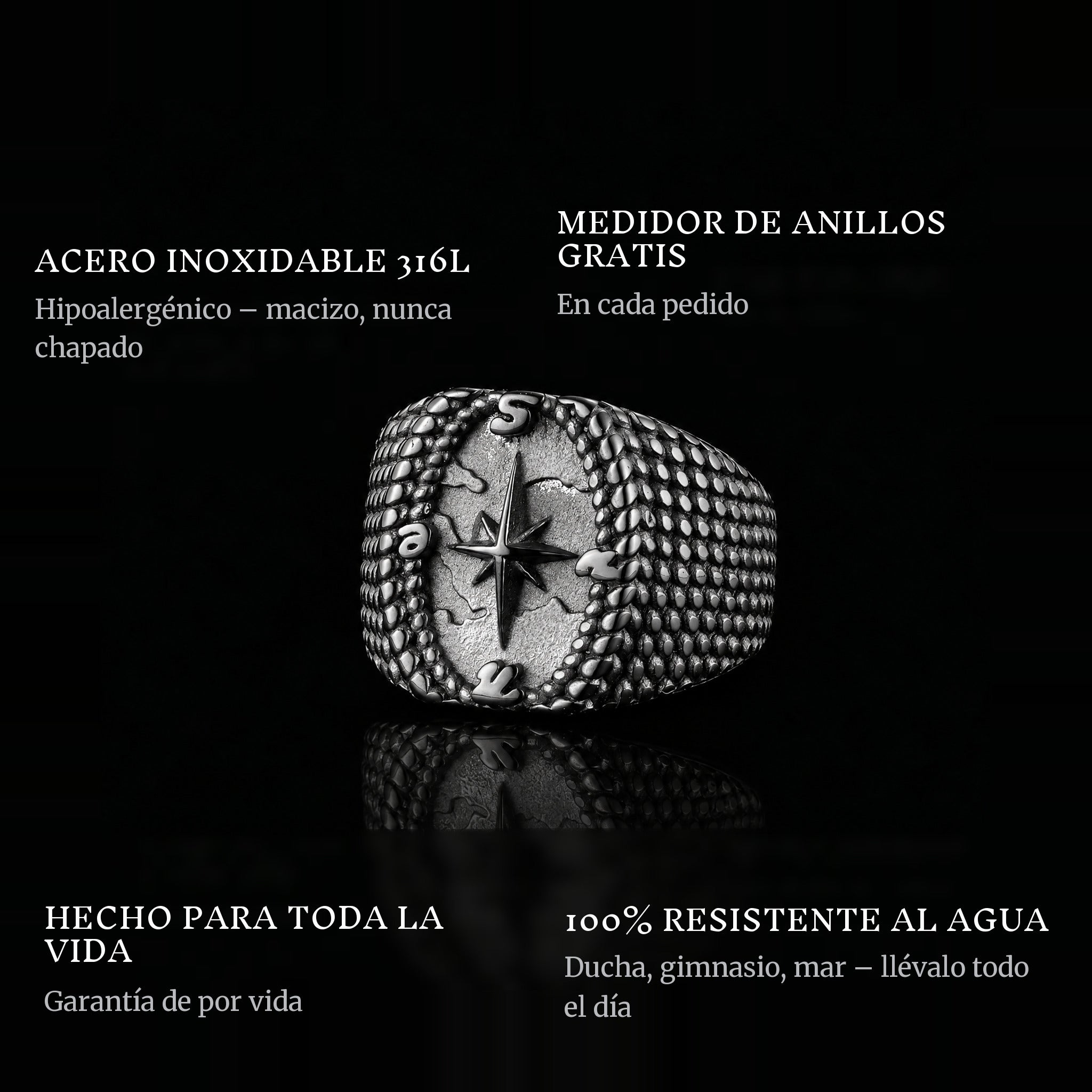 North Star ring features: 316L stainless steel, free ring sizer in every order, 100% waterproof, lifetime guarantee