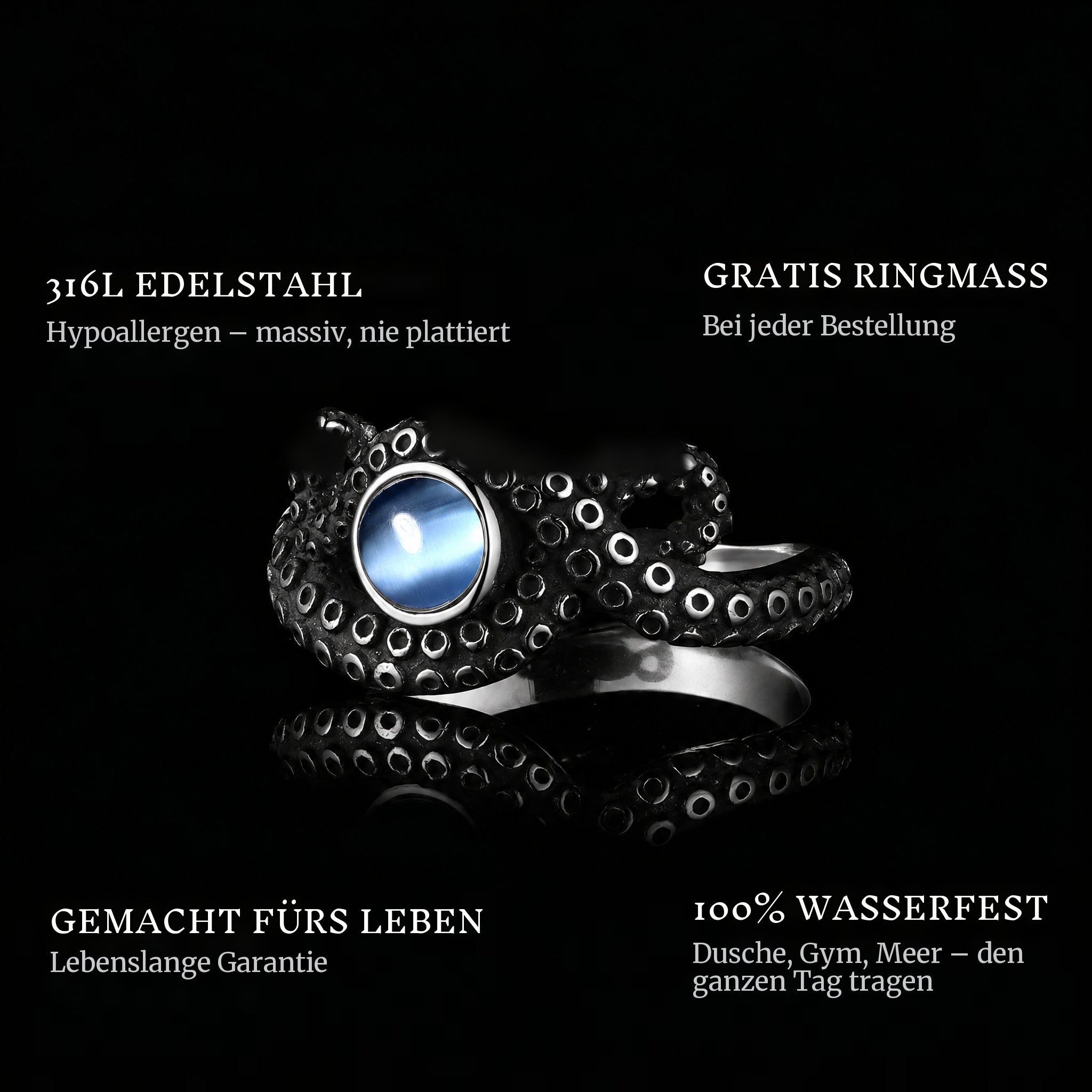 Ocean Blue ring features: 316L stainless steel, free ring sizer in every order, 100% waterproof, lifetime guarantee