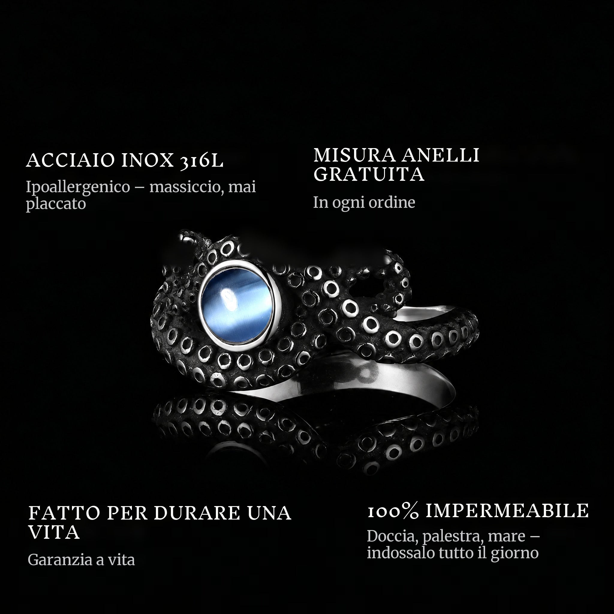 Ocean Blue ring features: 316L stainless steel, free ring sizer in every order, 100% waterproof, lifetime guarantee