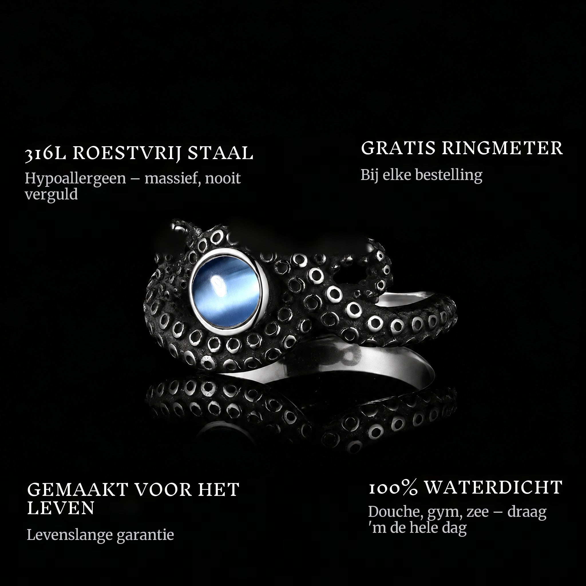 Ocean Blue ring features: 316L stainless steel, free ring sizer in every order, 100% waterproof, lifetime guarantee