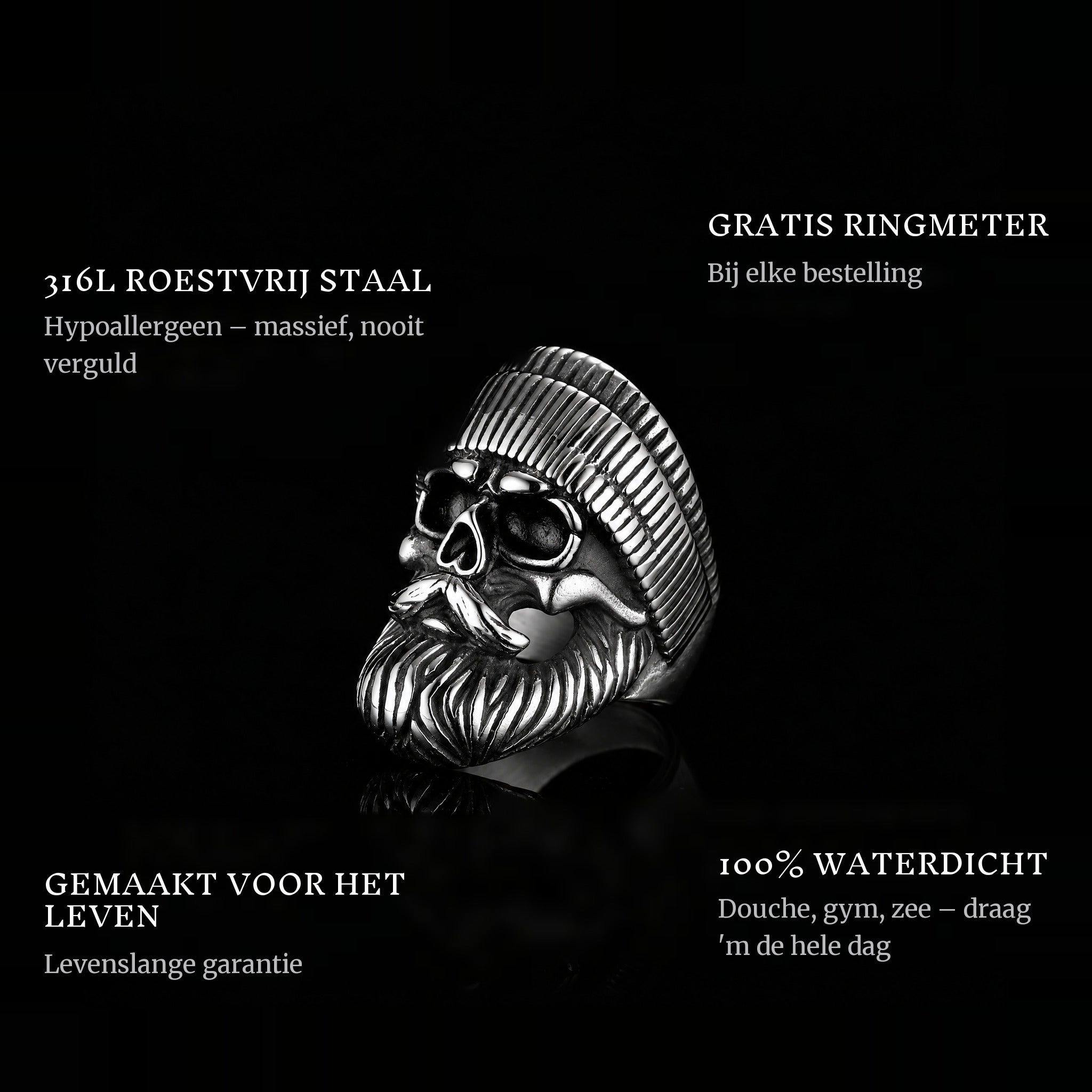 Old Biker ring features: 316L stainless steel, free ring sizer in every order, 100% waterproof, lifetime guarantee
