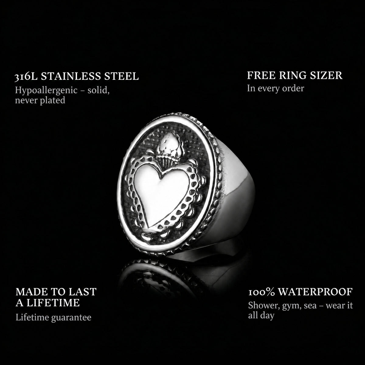 Old Flame ring features: 316L stainless steel, free ring sizer in every order, 100% waterproof, lifetime guarantee