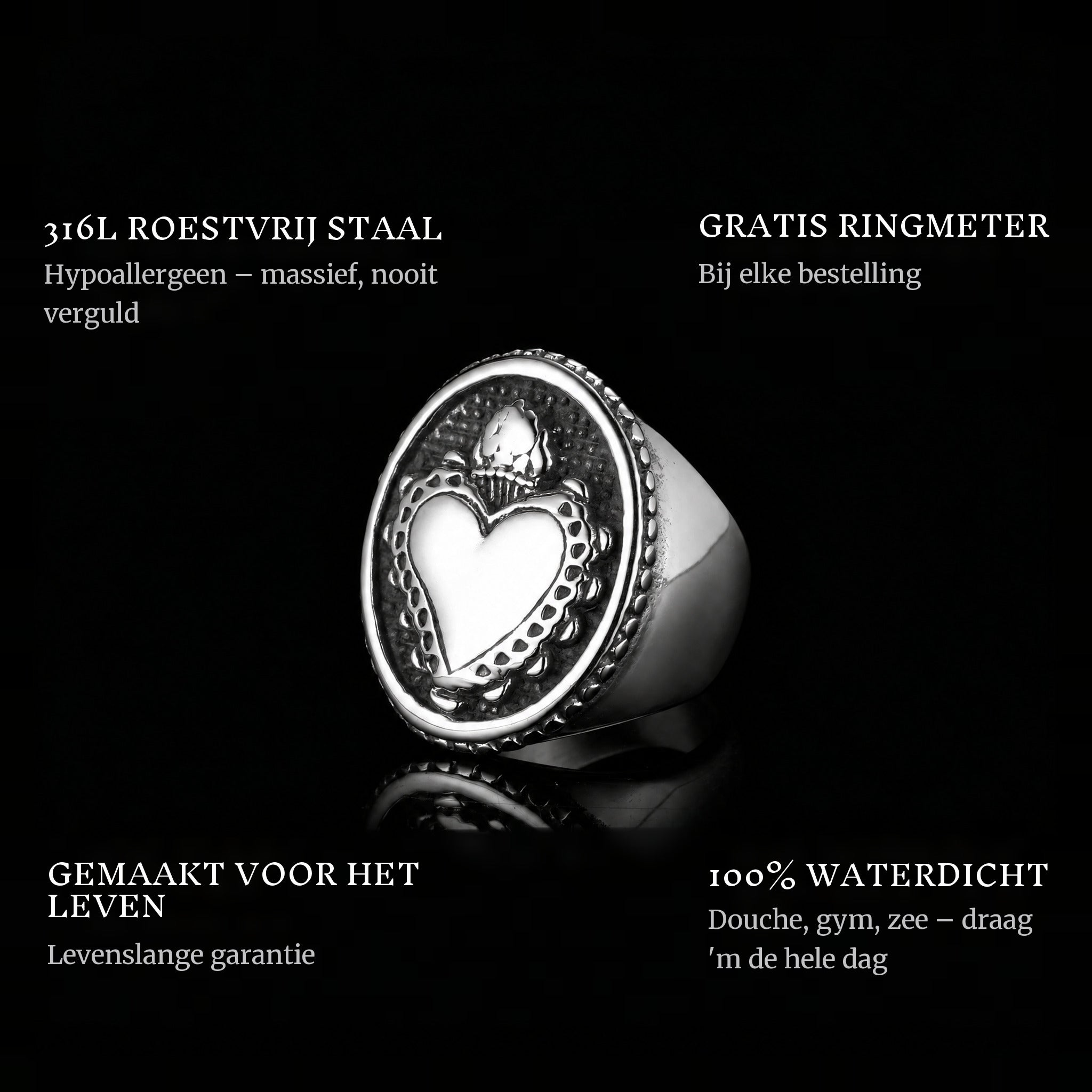 Old Flame ring features: 316L stainless steel, free ring sizer in every order, 100% waterproof, lifetime guarantee