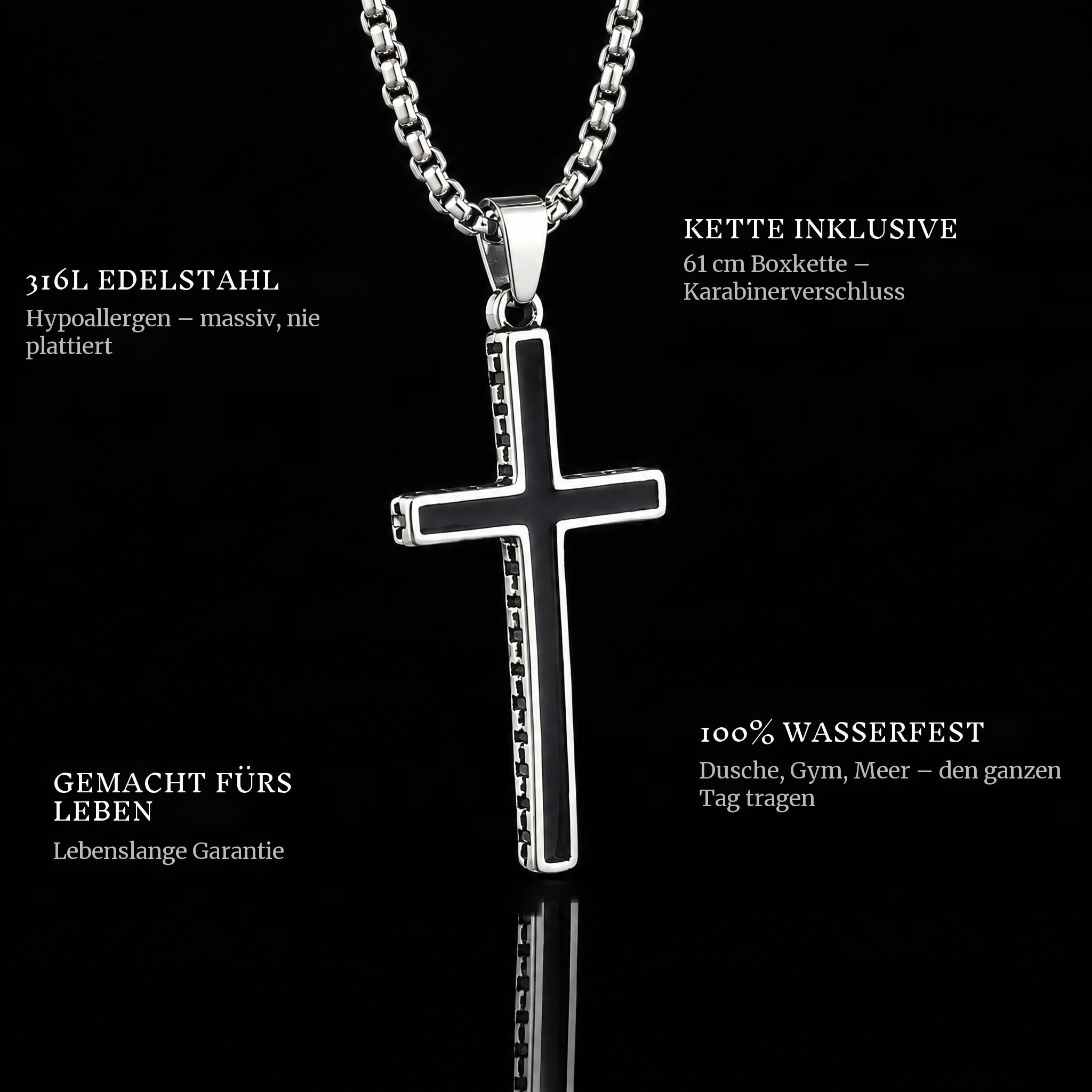 Onyx Cross pendant features: 316L stainless steel, chain included, 100% waterproof, lifetime guarantee