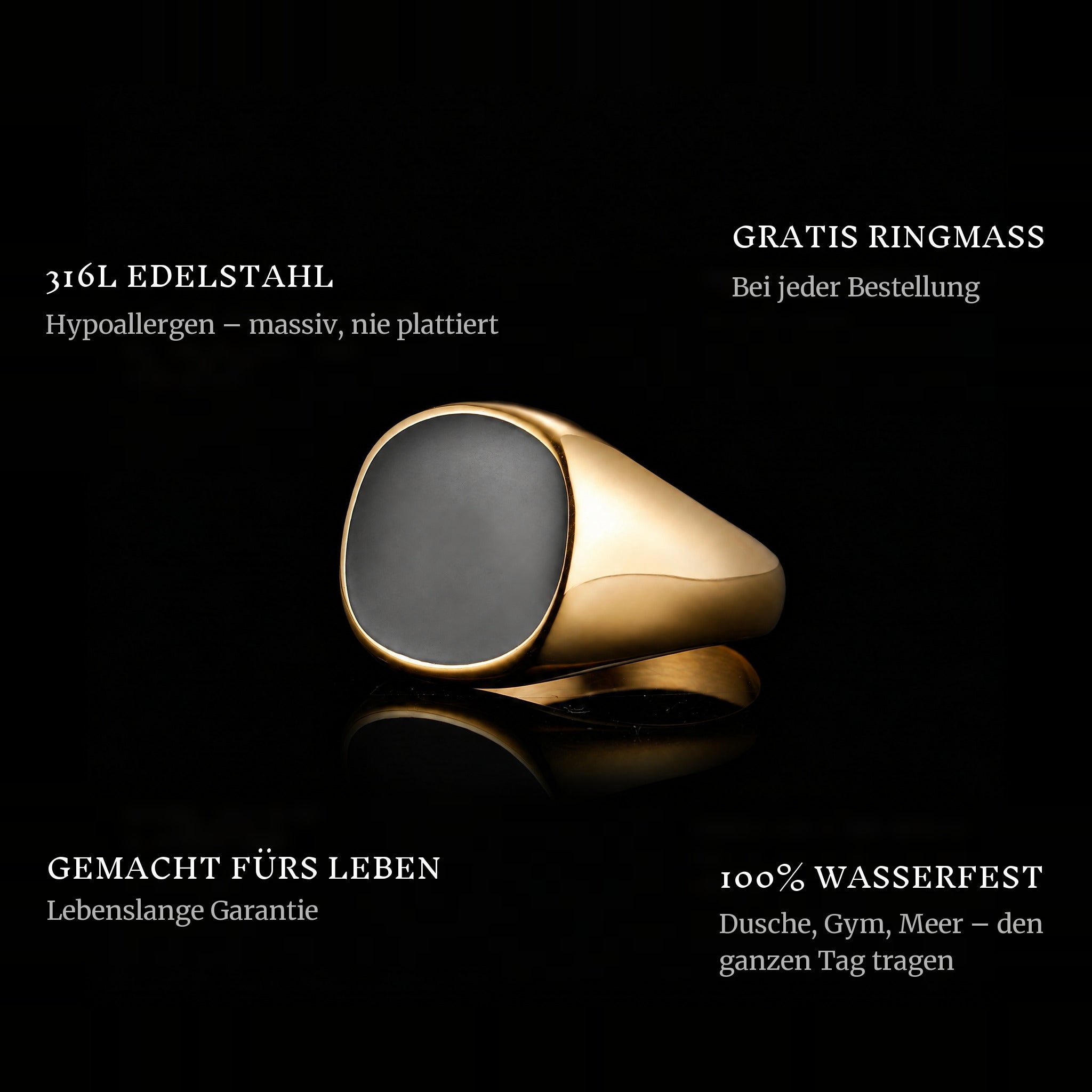 Onyx Gold ring features: 316L stainless steel, free ring sizer in every order, 100% waterproof, lifetime guarantee