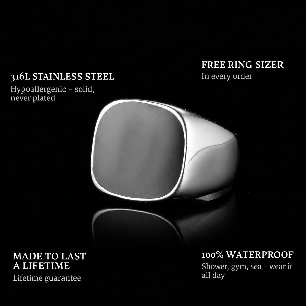 Onyx ring features: 316L stainless steel, free ring sizer in every order, 100% waterproof, lifetime guarantee