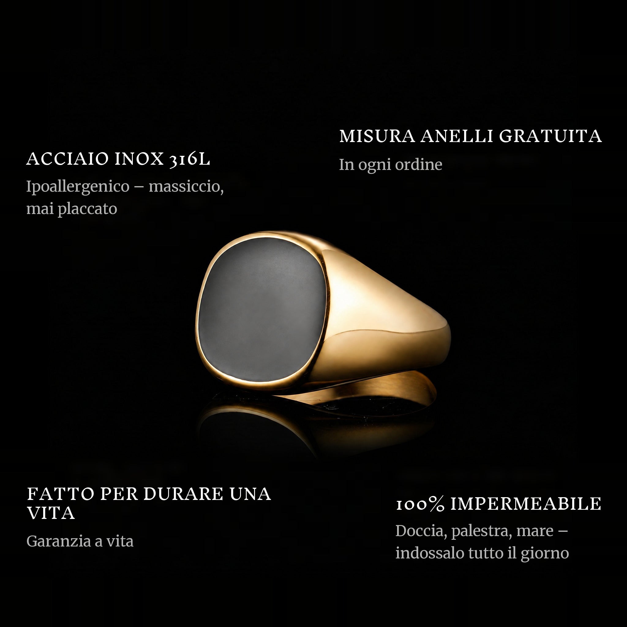 Onyx Gold ring features: 316L stainless steel, free ring sizer in every order, 100% waterproof, lifetime guarantee