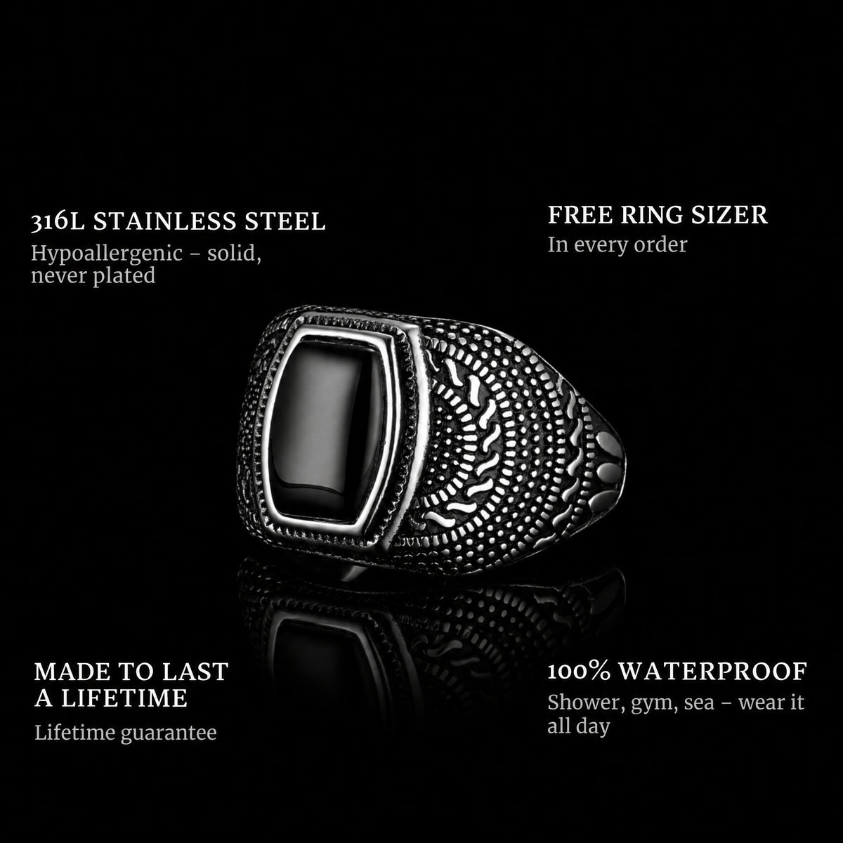 Patron ring features: 316L stainless steel, free ring sizer in every order, 100% waterproof, lifetime guarantee
