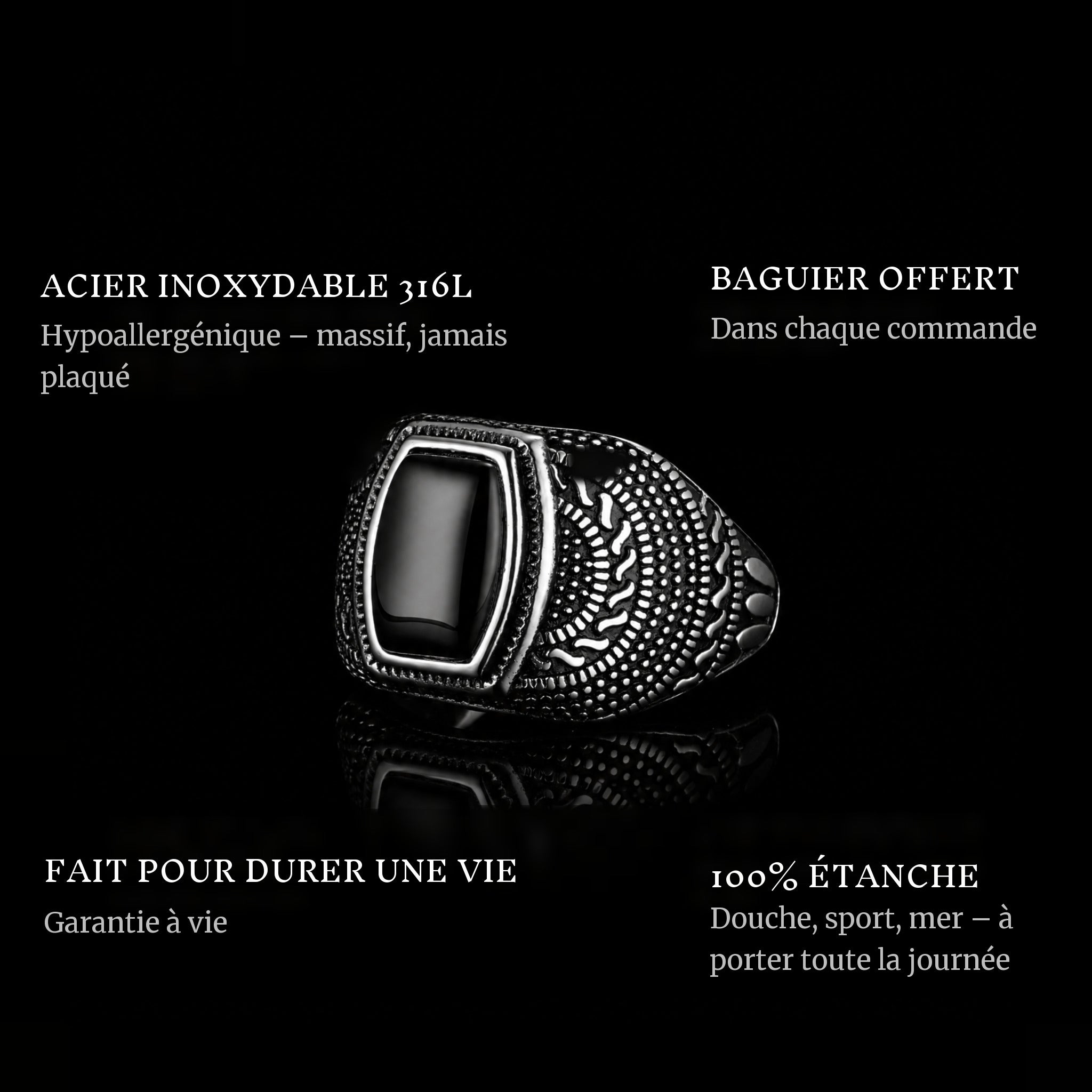 Patron ring features: 316L stainless steel, free ring sizer in every order, 100% waterproof, lifetime guarantee