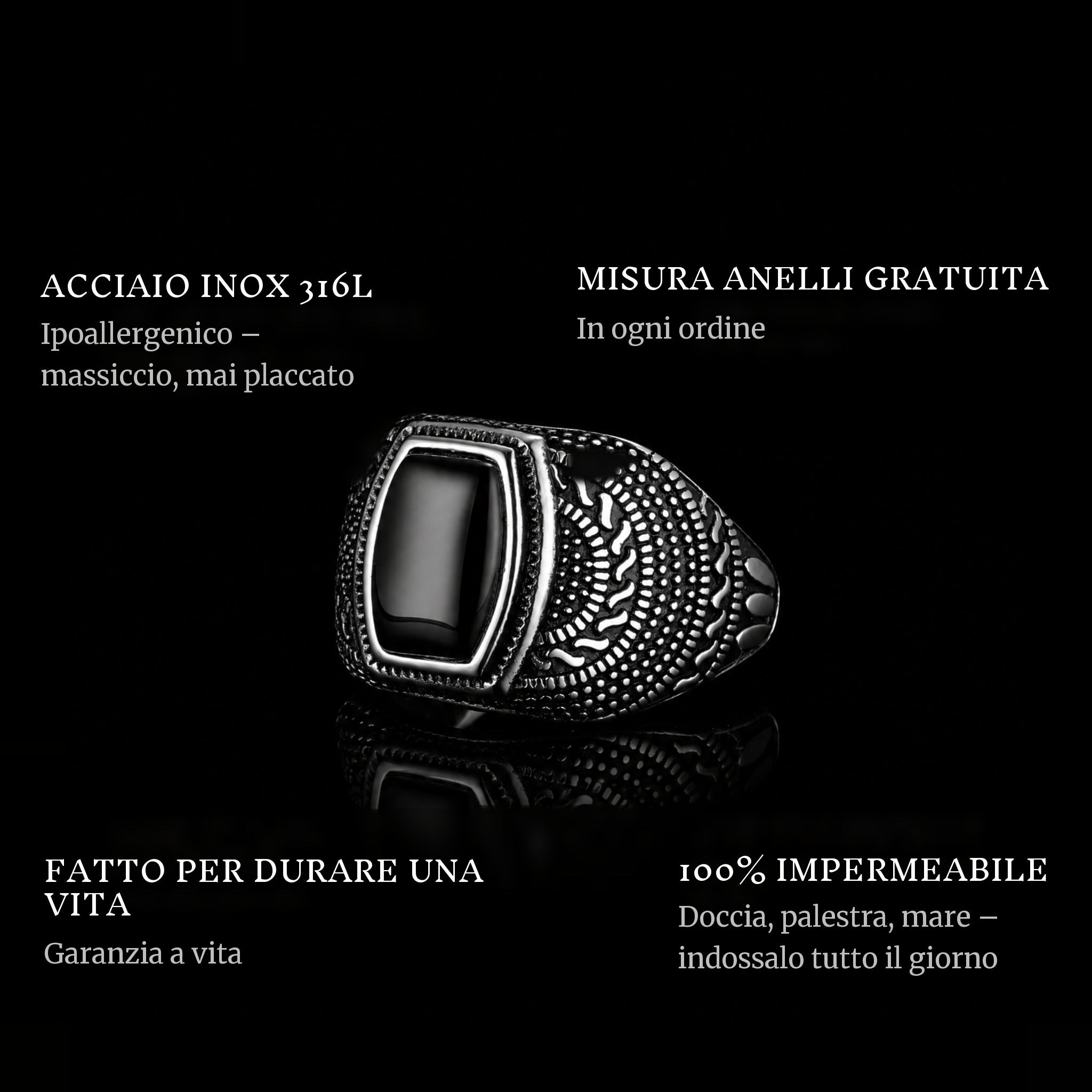 Patron ring features: 316L stainless steel, free ring sizer in every order, 100% waterproof, lifetime guarantee
