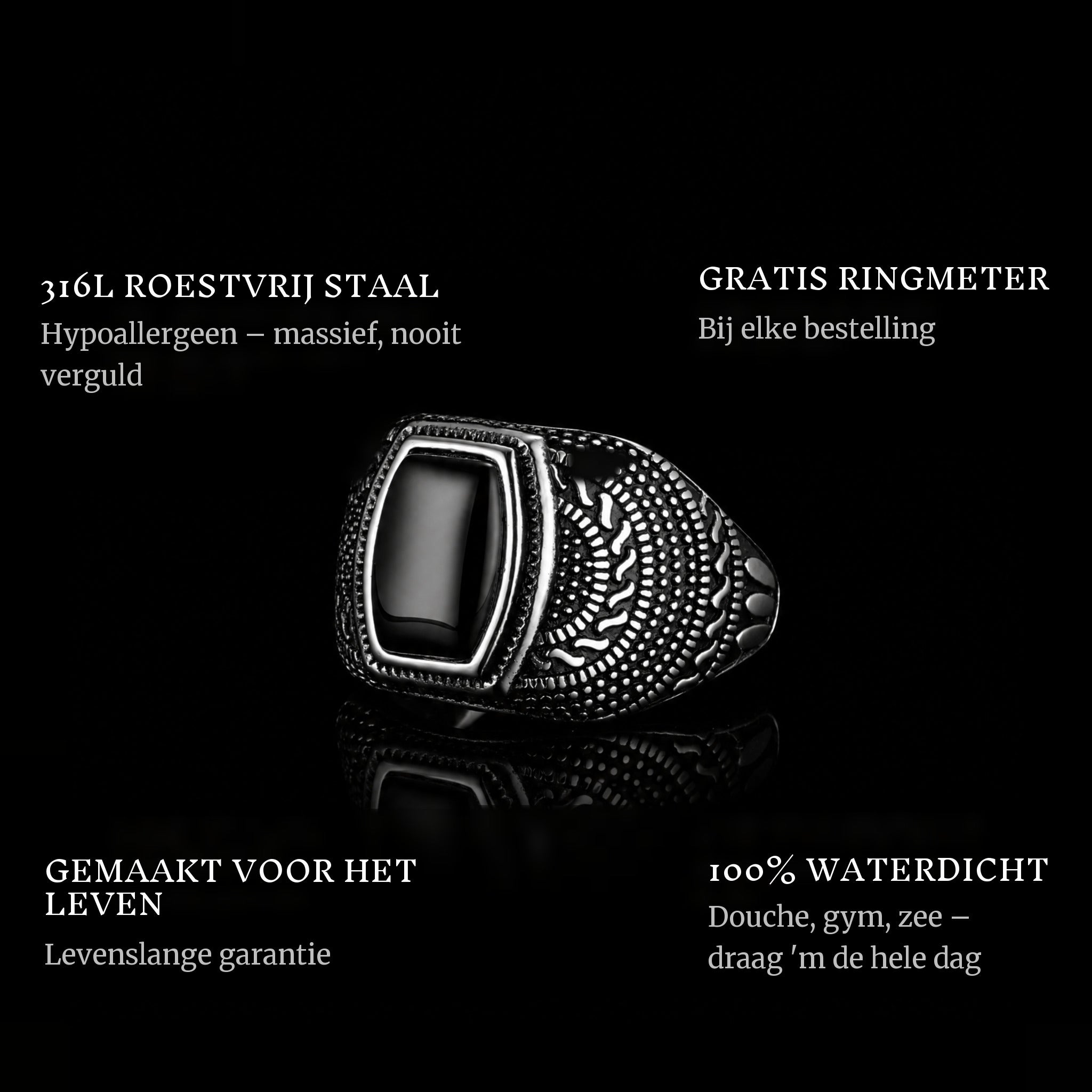 Patron ring features: 316L stainless steel, free ring sizer in every order, 100% waterproof, lifetime guarantee