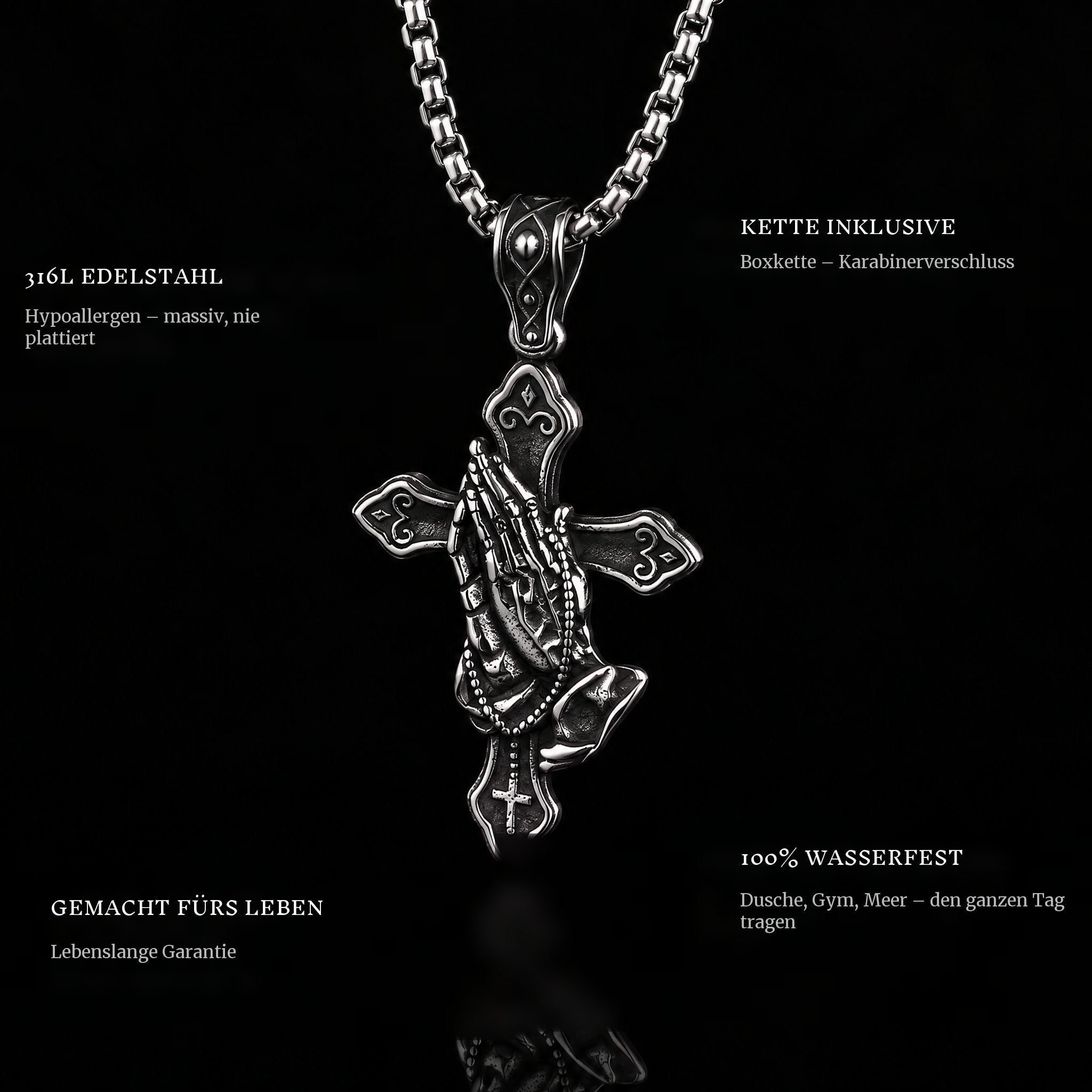 Prayer Cross pendant features: 316L stainless steel, chain included, 100% waterproof, lifetime guarantee