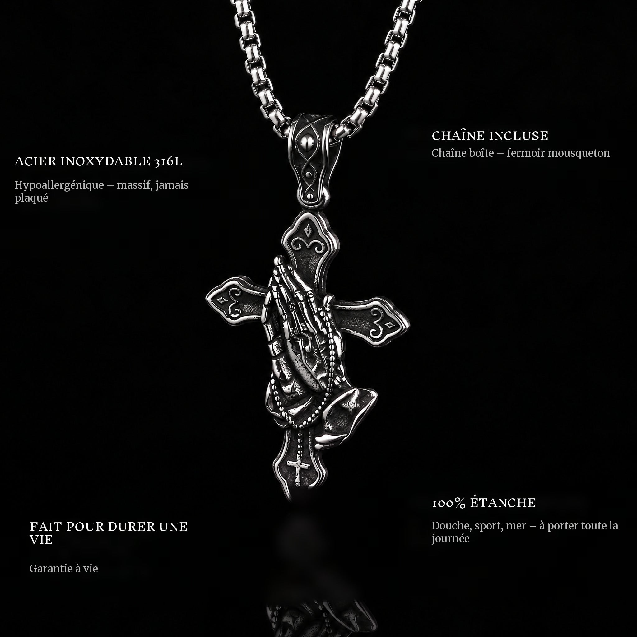 Prayer Cross pendant features: 316L stainless steel, chain included, 100% waterproof, lifetime guarantee
