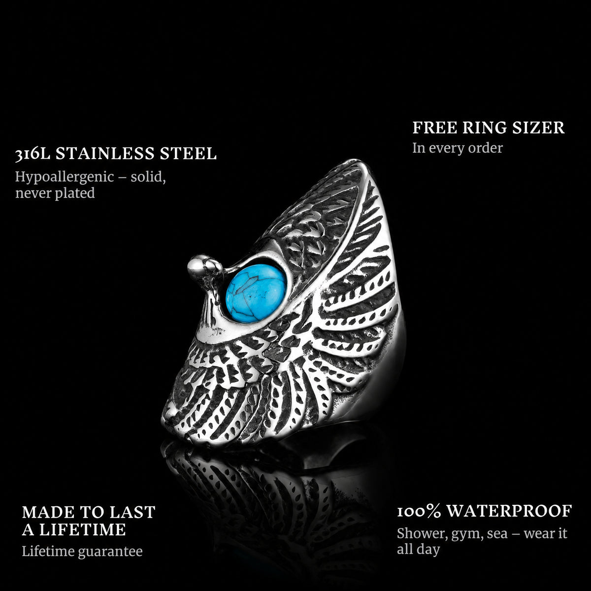 Protect Wings ring features: 316L stainless steel, free ring sizer in every order, 100% waterproof, lifetime guarantee