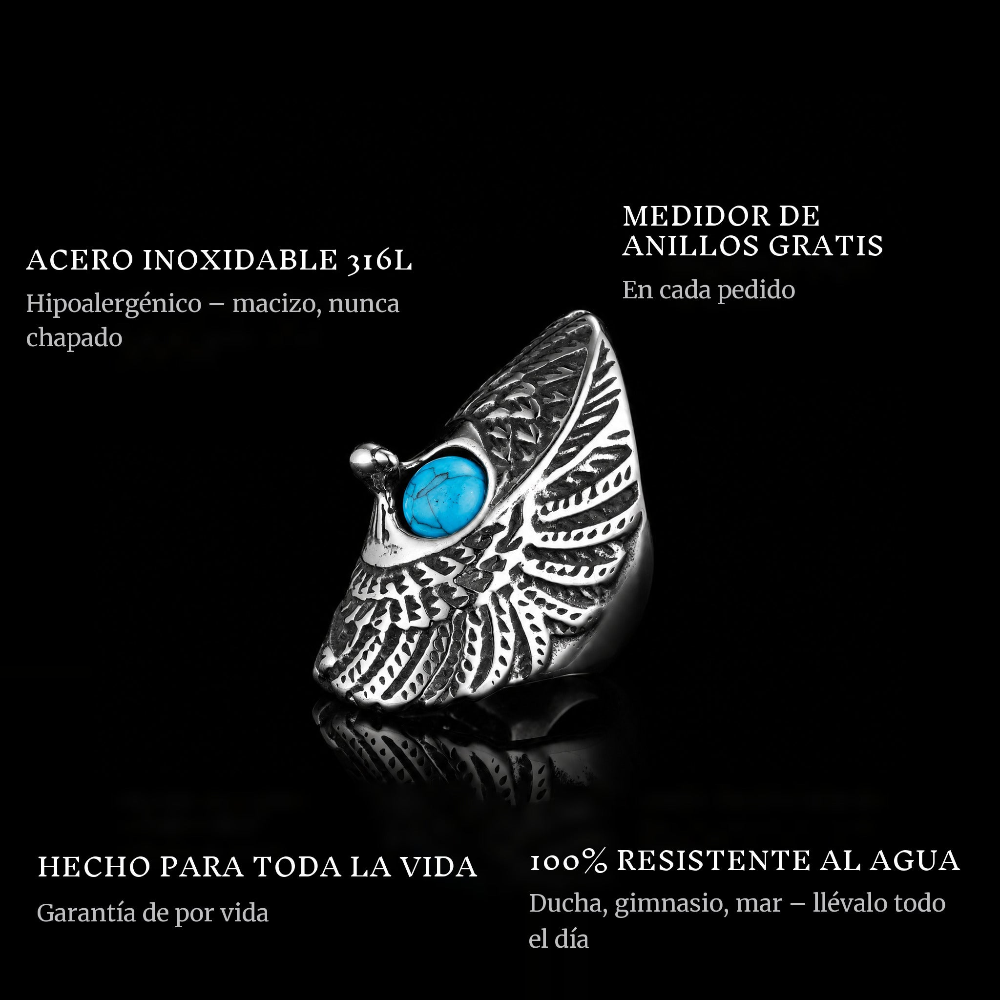Protect Wings ring features: 316L stainless steel, free ring sizer in every order, 100% waterproof, lifetime guarantee