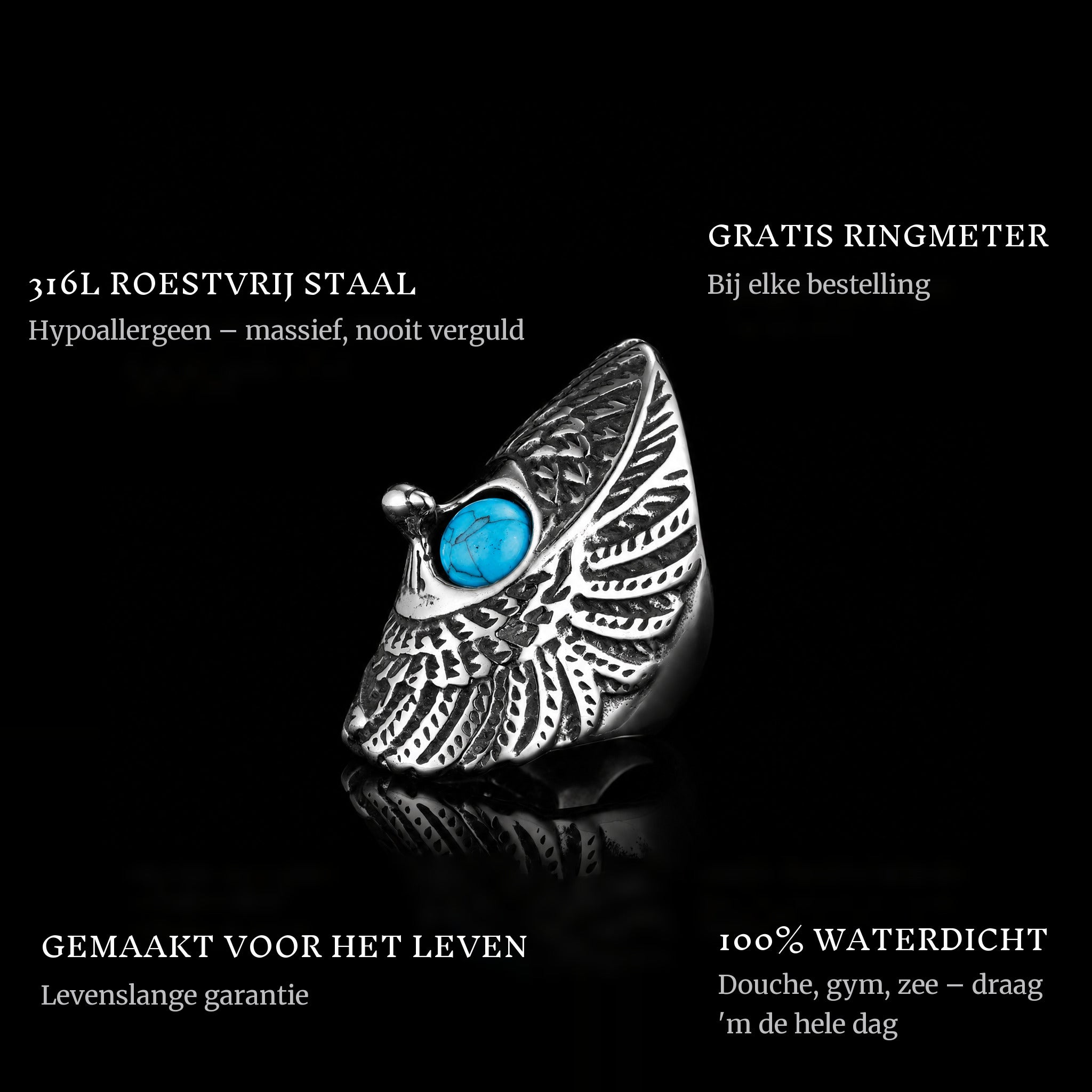 Protect Wings ring features: 316L stainless steel, free ring sizer in every order, 100% waterproof, lifetime guarantee