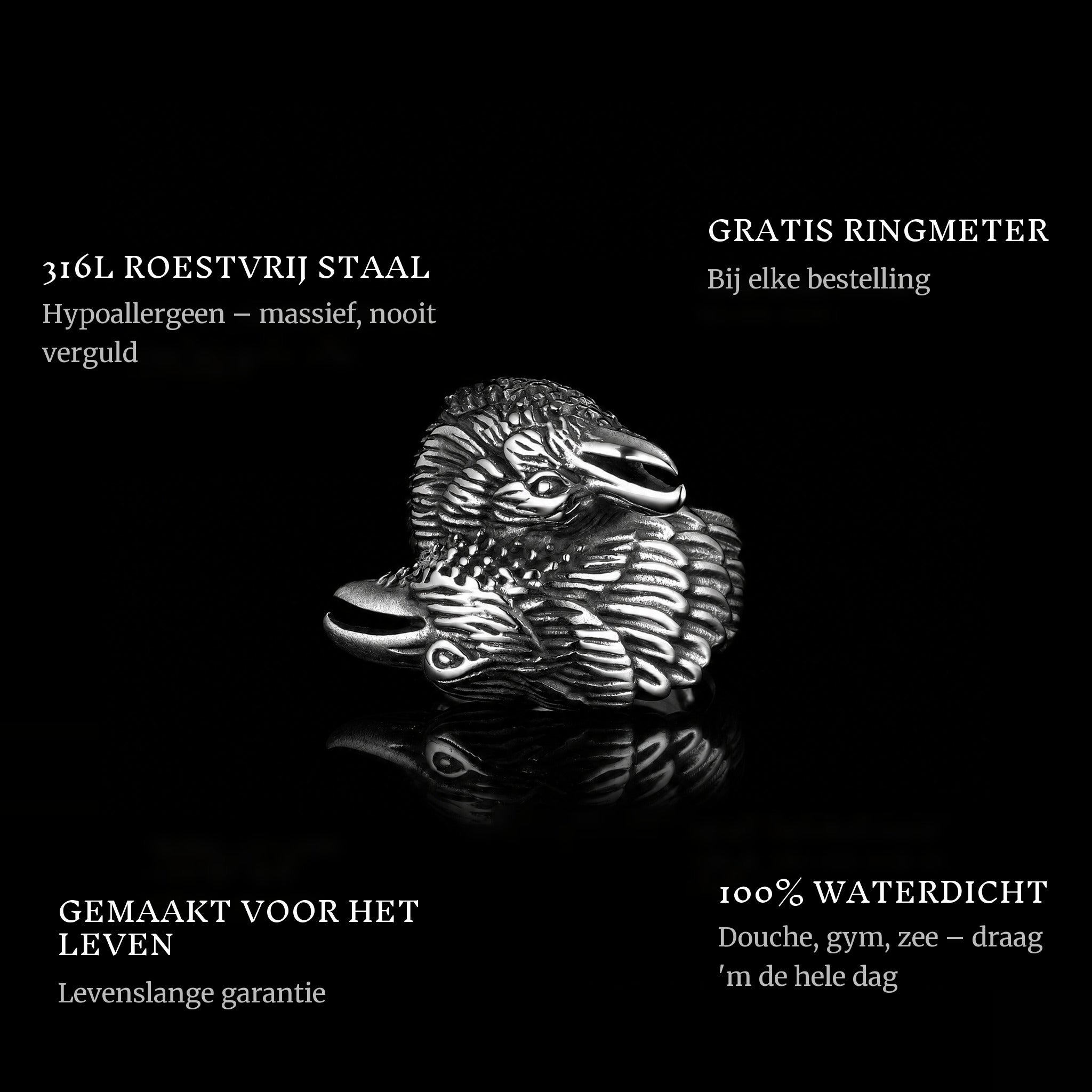 Raven ring features: 316L stainless steel, free ring sizer in every order, 100% waterproof, lifetime guarantee