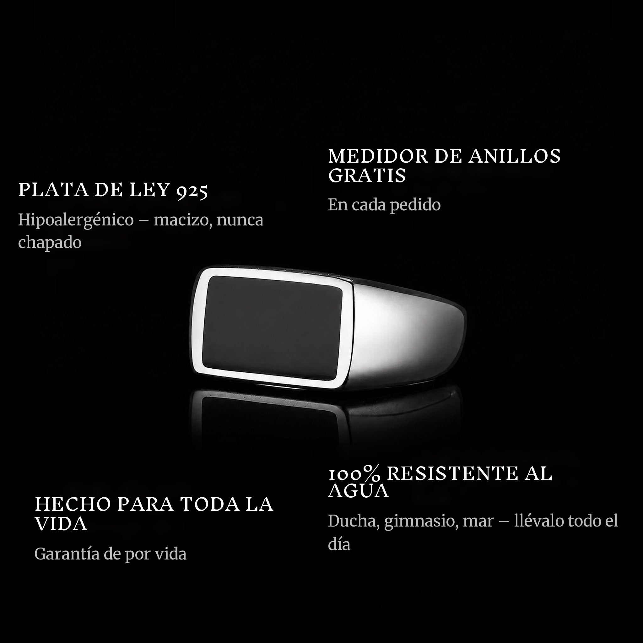 Rebel Onyx ring features: 925 sterling silver, free ring sizer in every order, 100% waterproof, lifetime guarantee