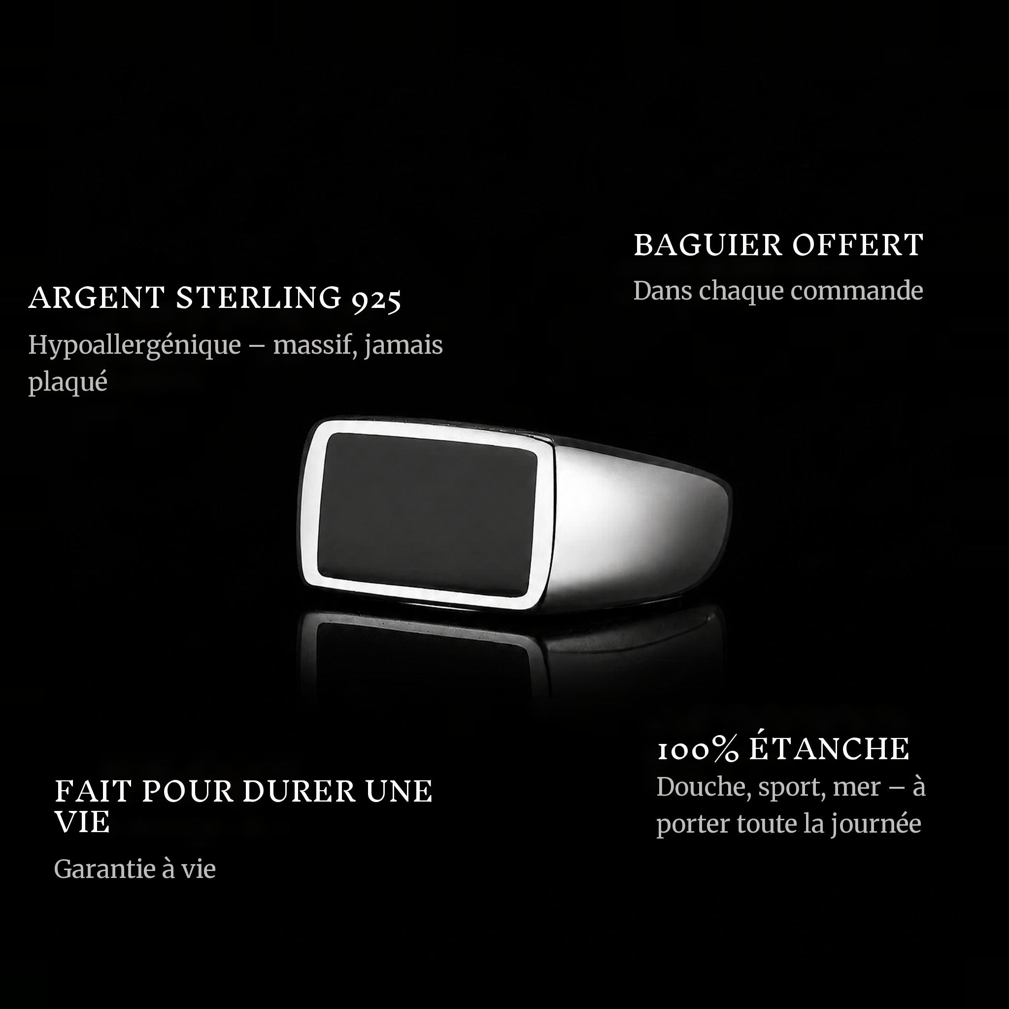 Rebel Onyx ring features: 925 sterling silver, free ring sizer in every order, 100% waterproof, lifetime guarantee