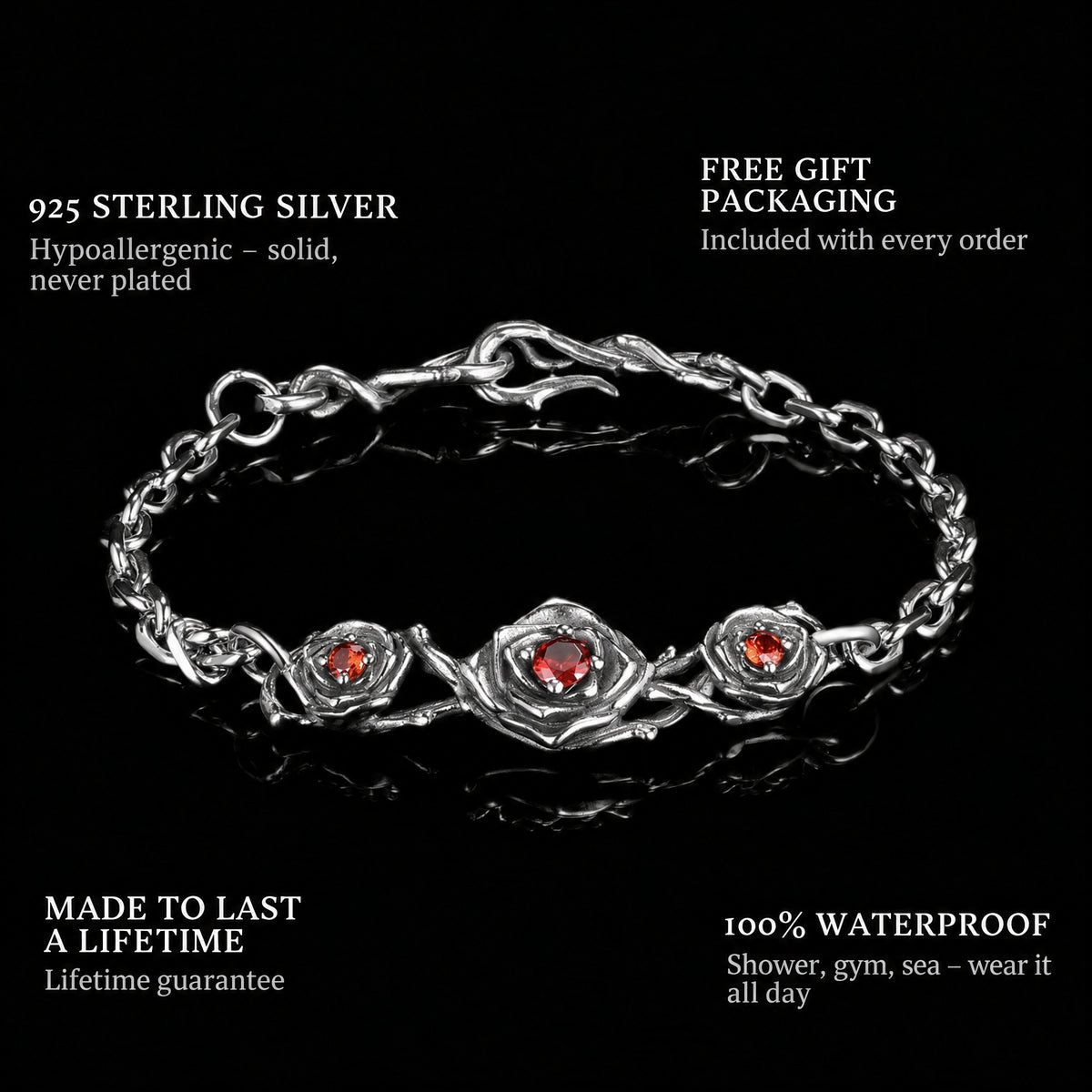 Red Roses features: 925 sterling silver, free gift packaging, 100% waterproof, lifetime guarantee