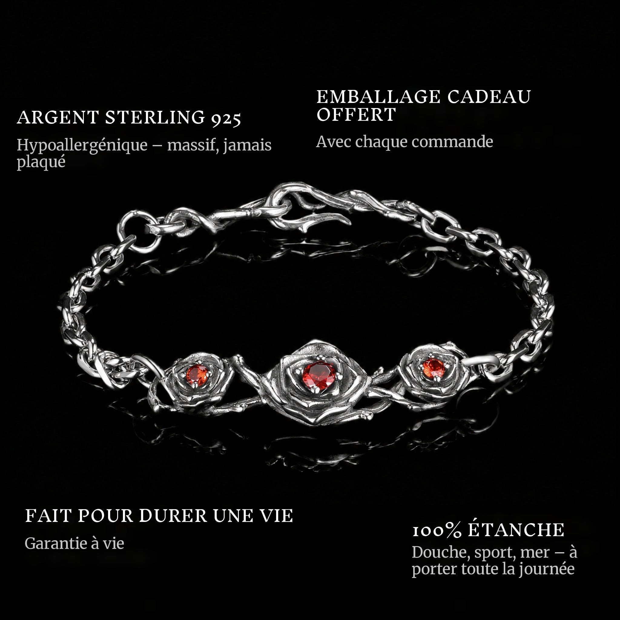 Red Roses features: 925 sterling silver, free gift packaging, 100% waterproof, lifetime guarantee