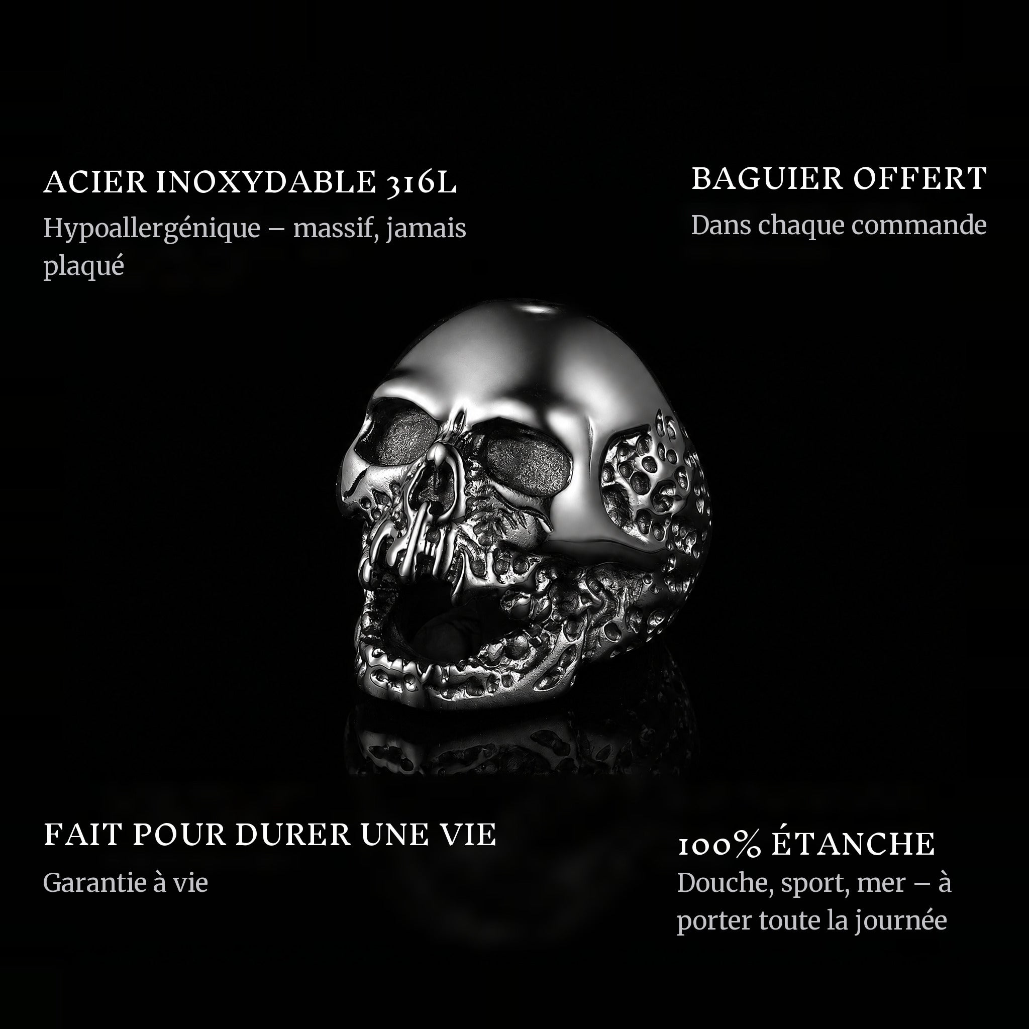Ride Till Death Black ring features: 316L stainless steel, free ring sizer in every order, 100% waterproof, lifetime guarantee