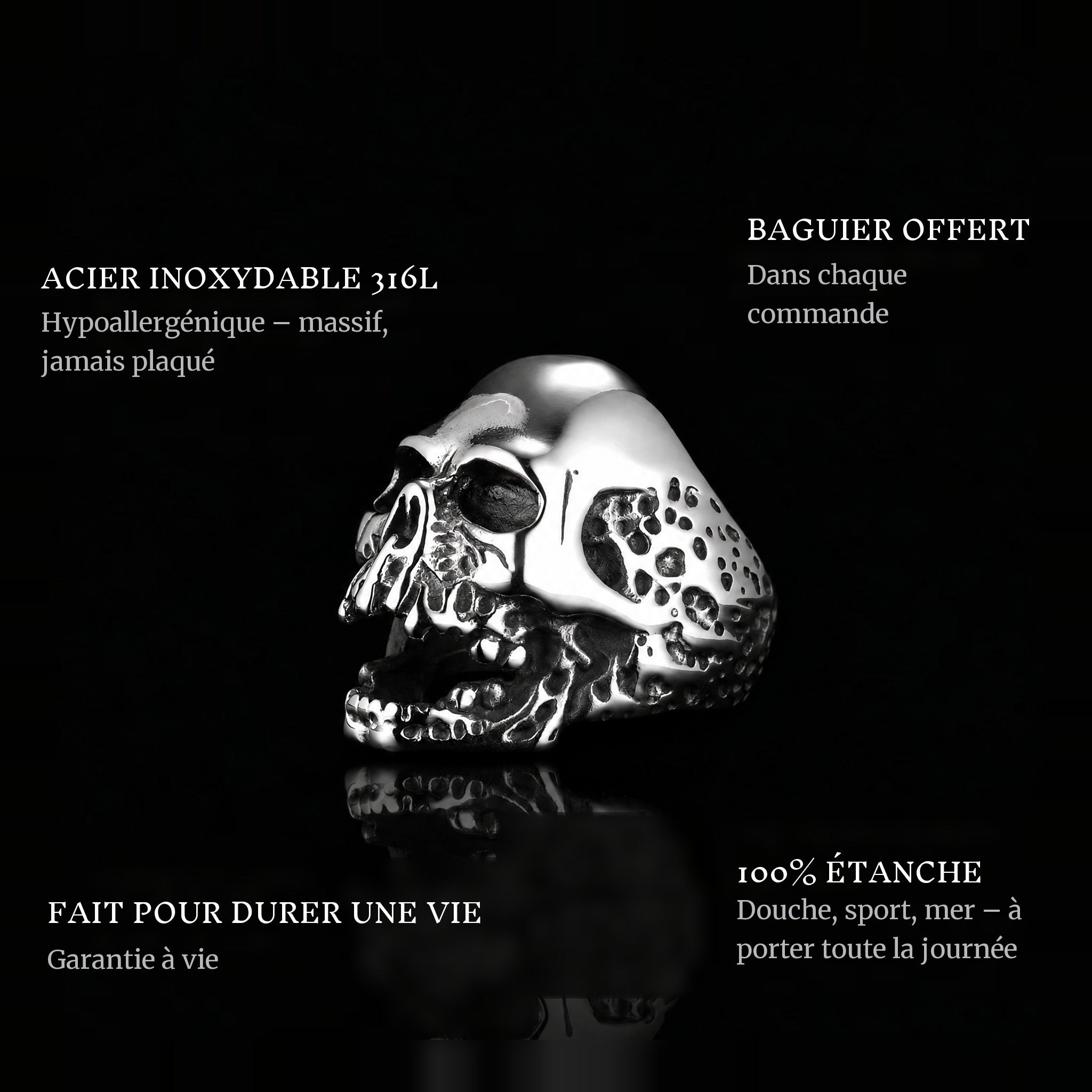 Ride Till Death ring features: 316L stainless steel, free ring sizer in every order, 100% waterproof, lifetime guarantee