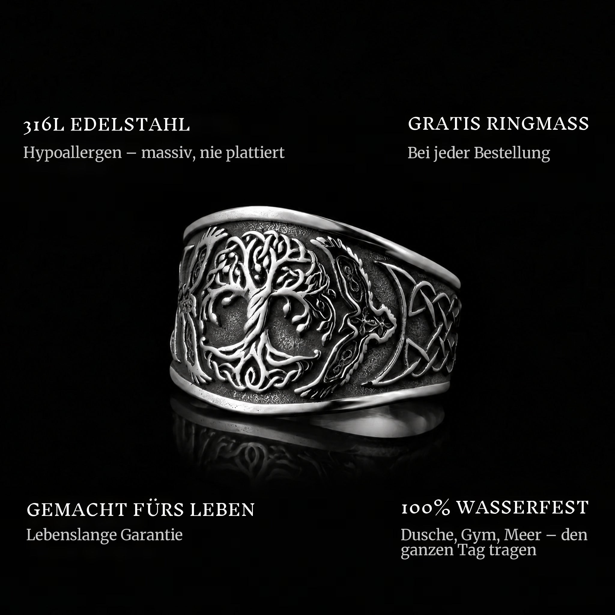 The Tree Of Life ring features: 316L stainless steel, free ring sizer in every order, 100% waterproof, lifetime guarantee