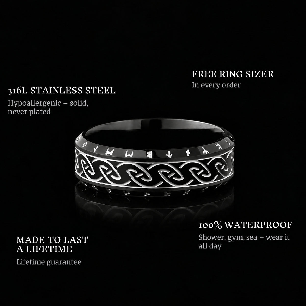 Nordic Black ring features: 316L stainless steel, free ring sizer in every order, 100% waterproof, lifetime guarantee