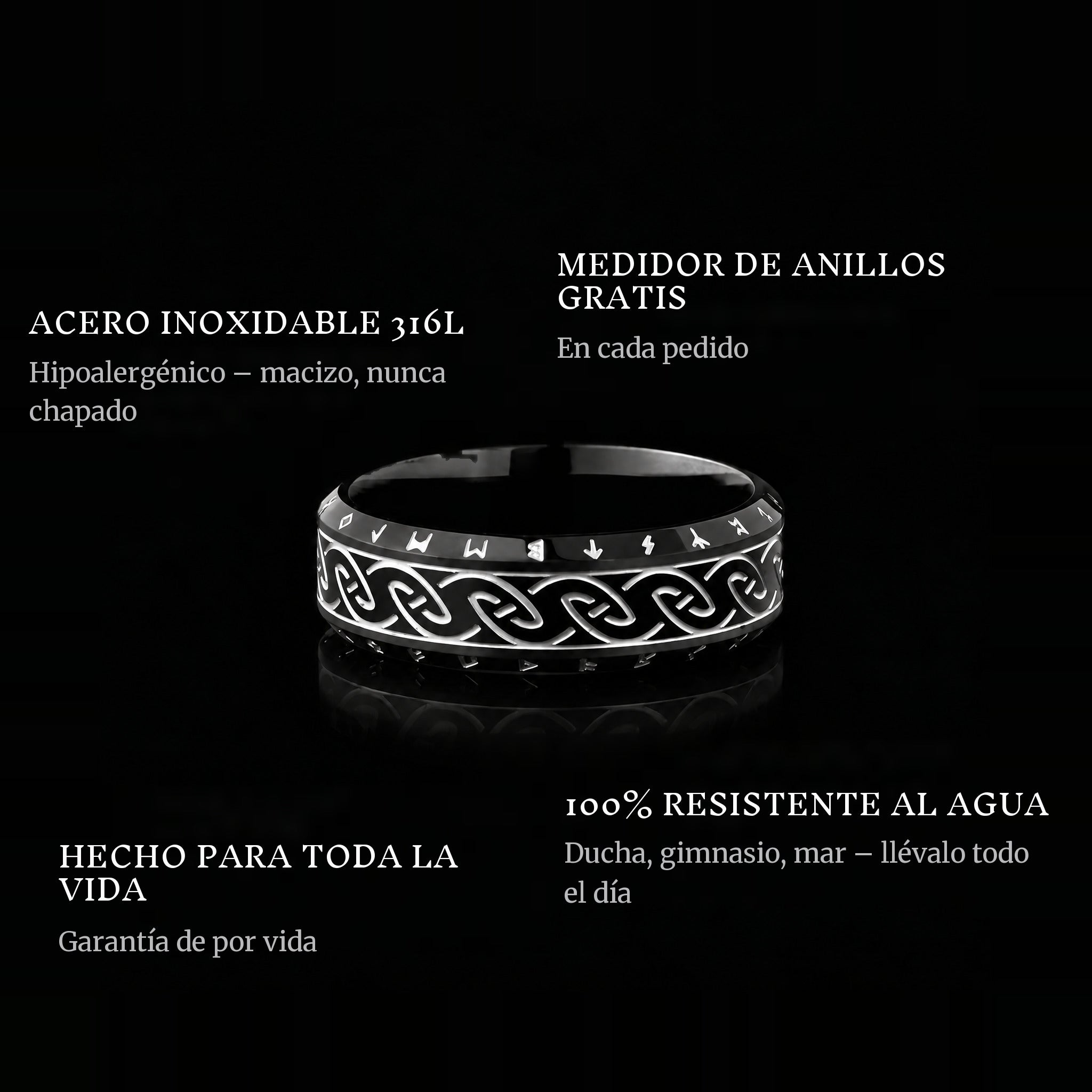 Nordic Black ring features: 316L stainless steel, free ring sizer in every order, 100% waterproof, lifetime guarantee