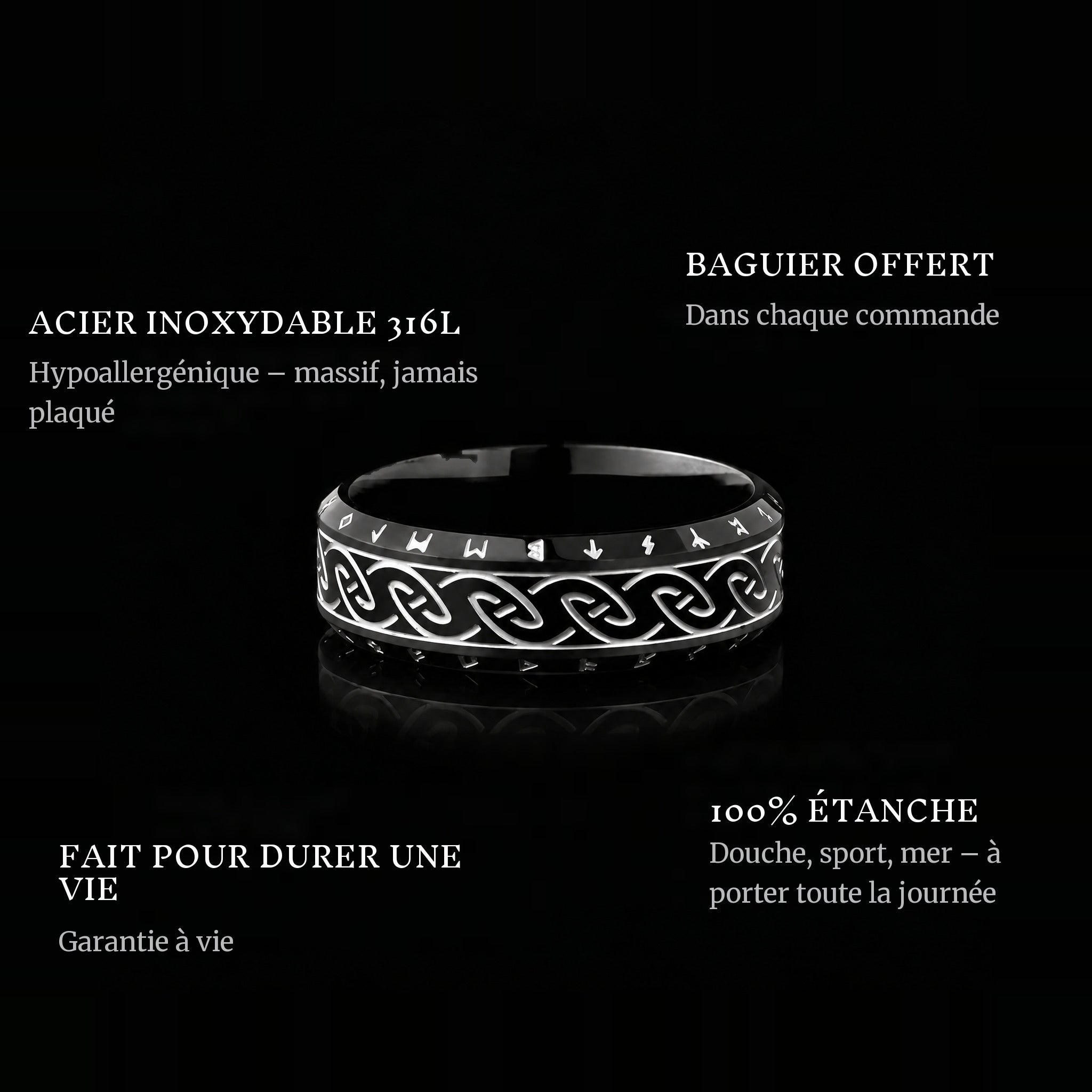 Nordic Black ring features: 316L stainless steel, free ring sizer in every order, 100% waterproof, lifetime guarantee