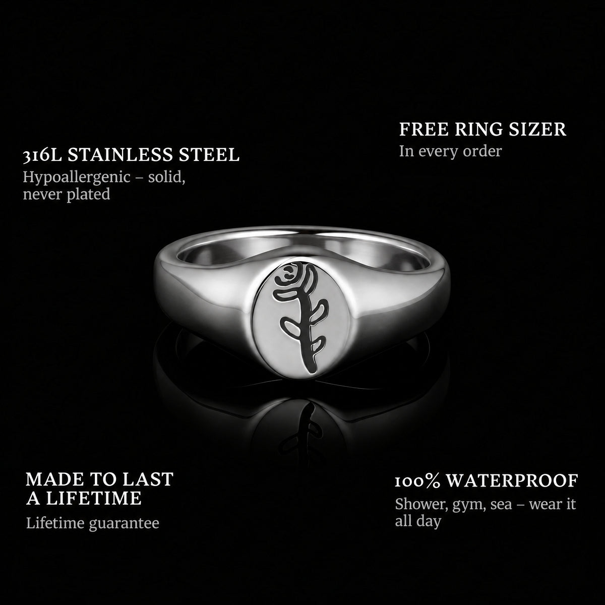 Rose ring features: 316L stainless steel, free ring sizer in every order, 100% waterproof, lifetime guarantee