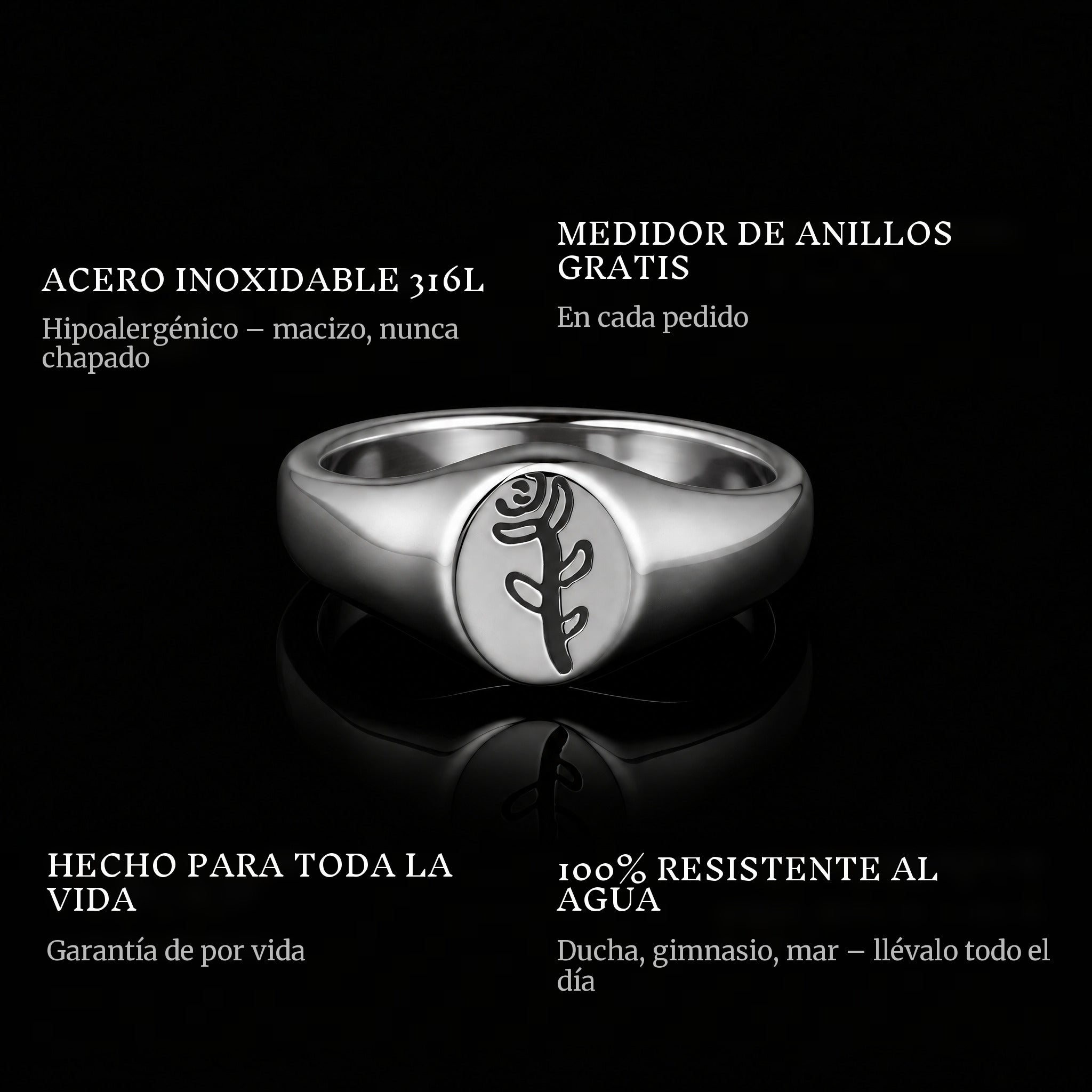 Rose ring features: 316L stainless steel, free ring sizer in every order, 100% waterproof, lifetime guarantee