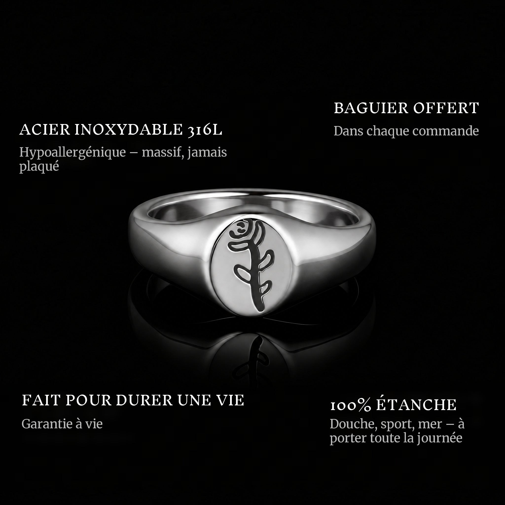 Rose ring features: 316L stainless steel, free ring sizer in every order, 100% waterproof, lifetime guarantee