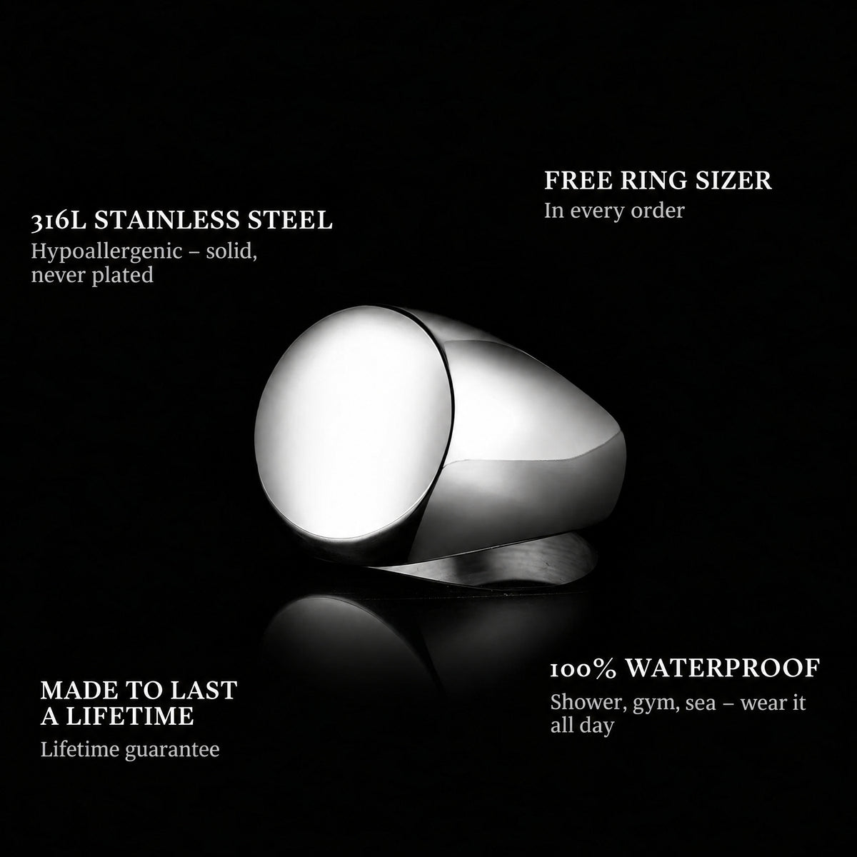 Round ring features: 316L stainless steel, free ring sizer in every order, 100% waterproof, lifetime guarantee
