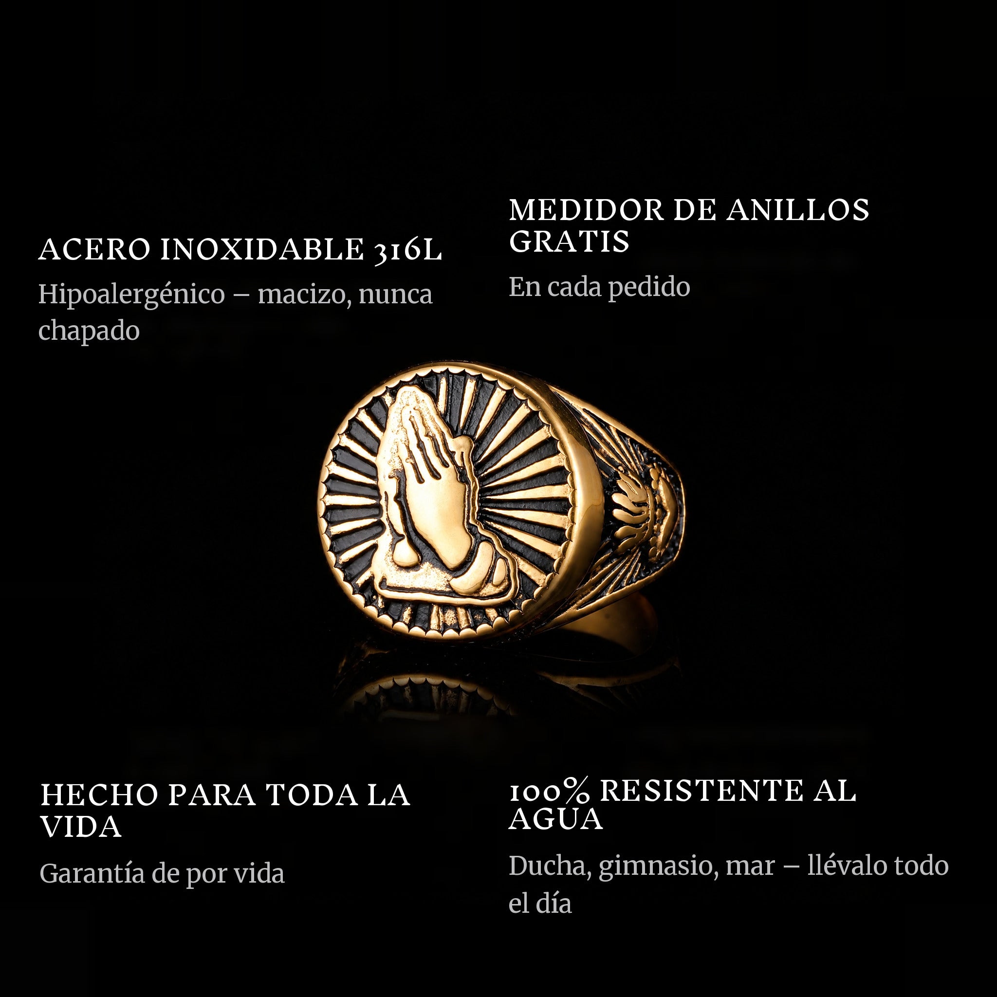 Sacred Gold ring features: 316L stainless steel, free ring sizer in every order, 100% waterproof, lifetime guarantee