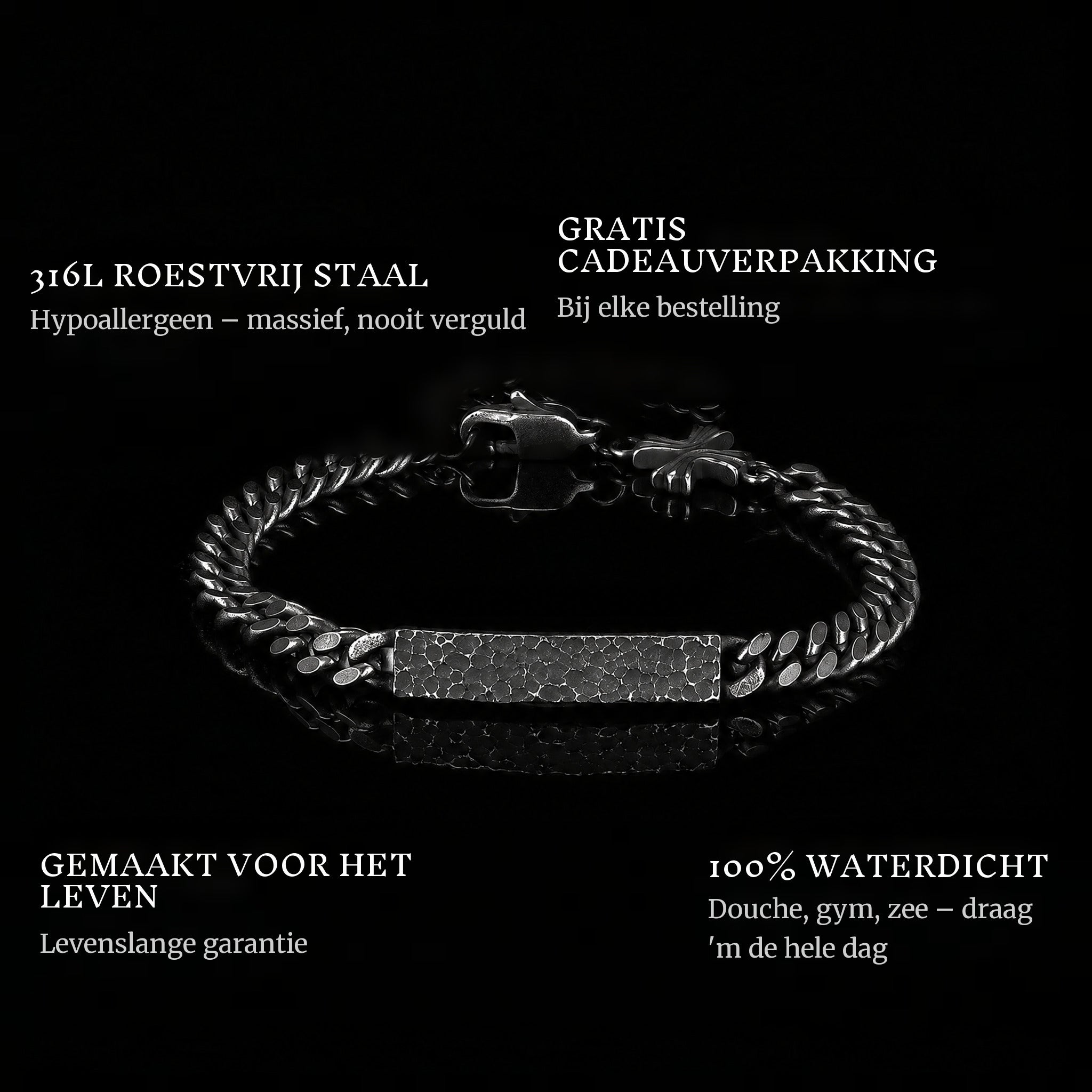 Sacred Secret features: 316L stainless steel, free gift packaging, 100% waterproof, lifetime guarantee