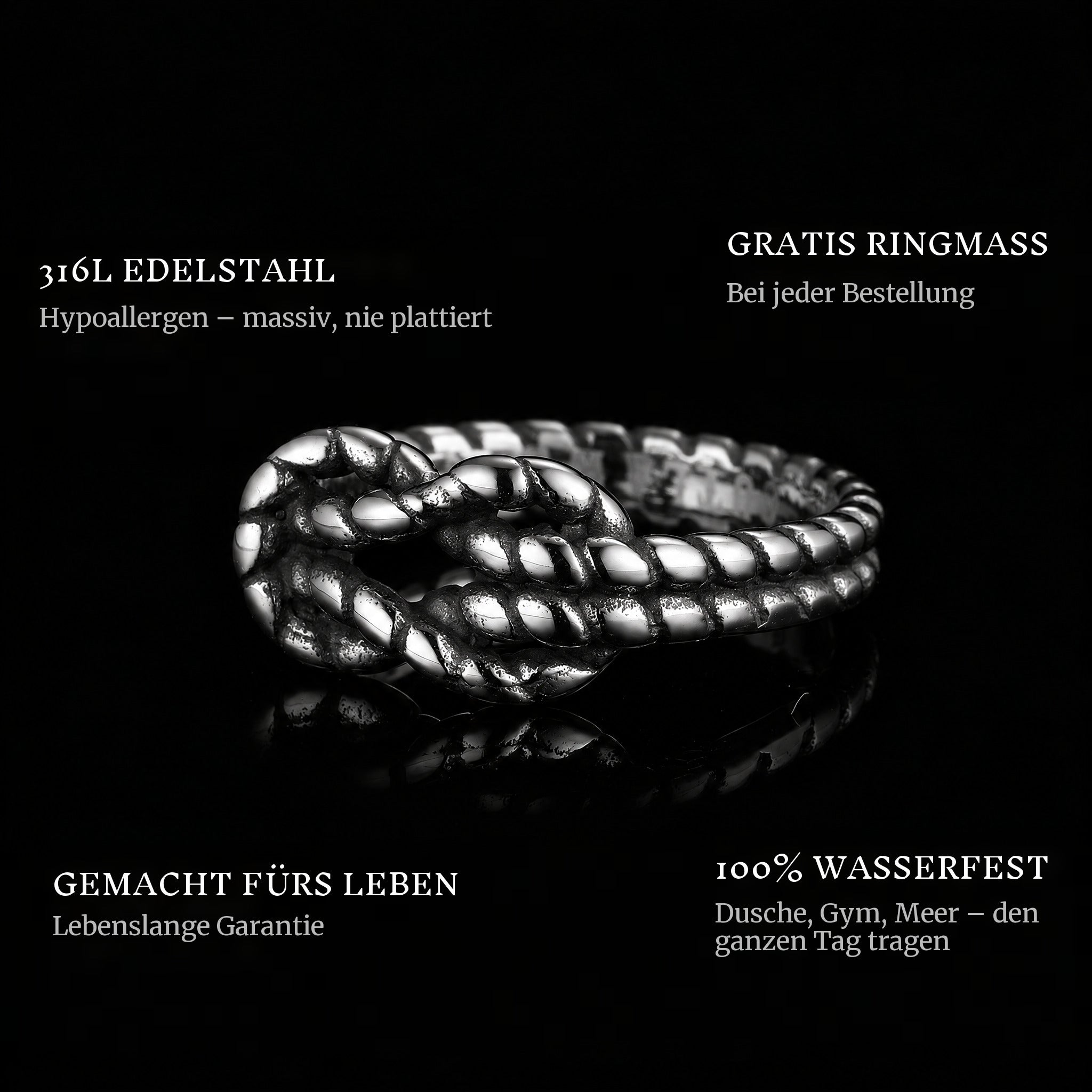 Sailor Knot ring features: 316L stainless steel, free ring sizer in every order, 100% waterproof, lifetime guarantee
