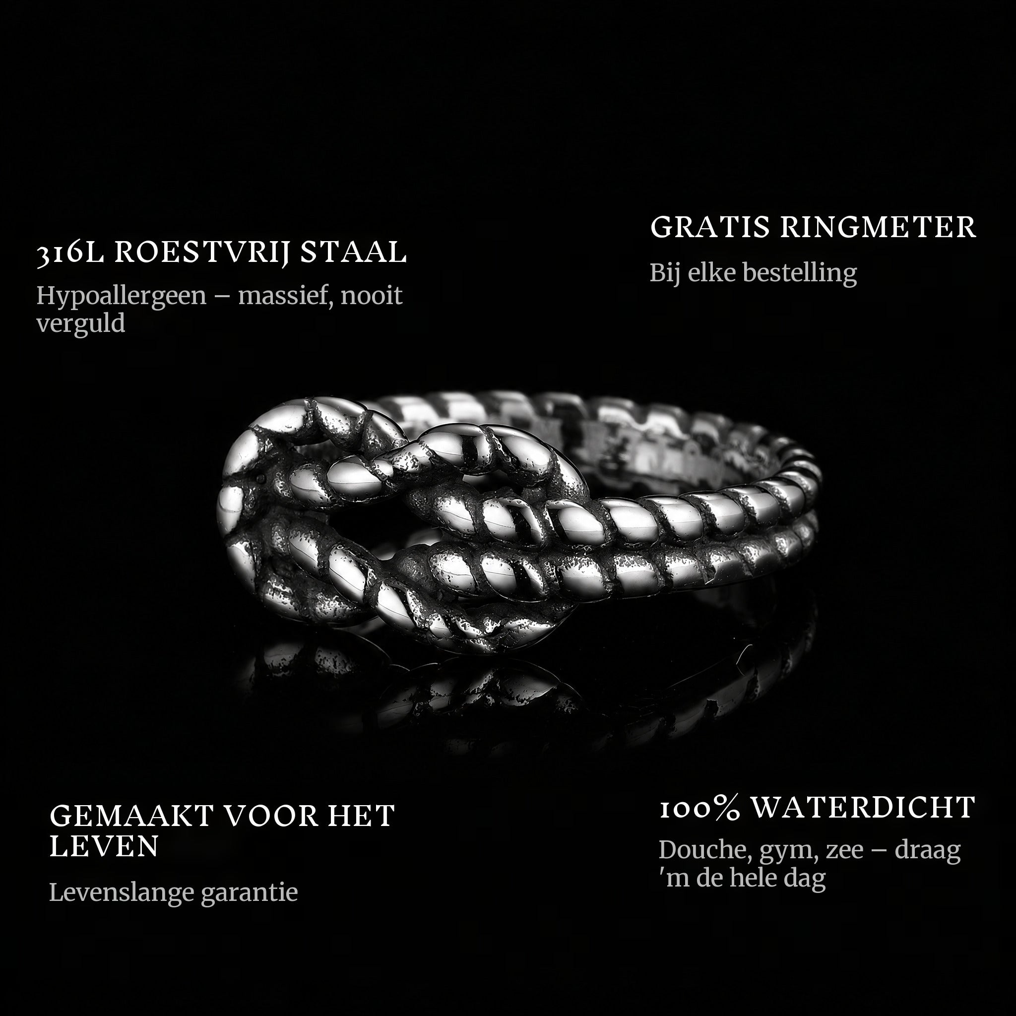 Sailor Knot ring features: 316L stainless steel, free ring sizer in every order, 100% waterproof, lifetime guarantee