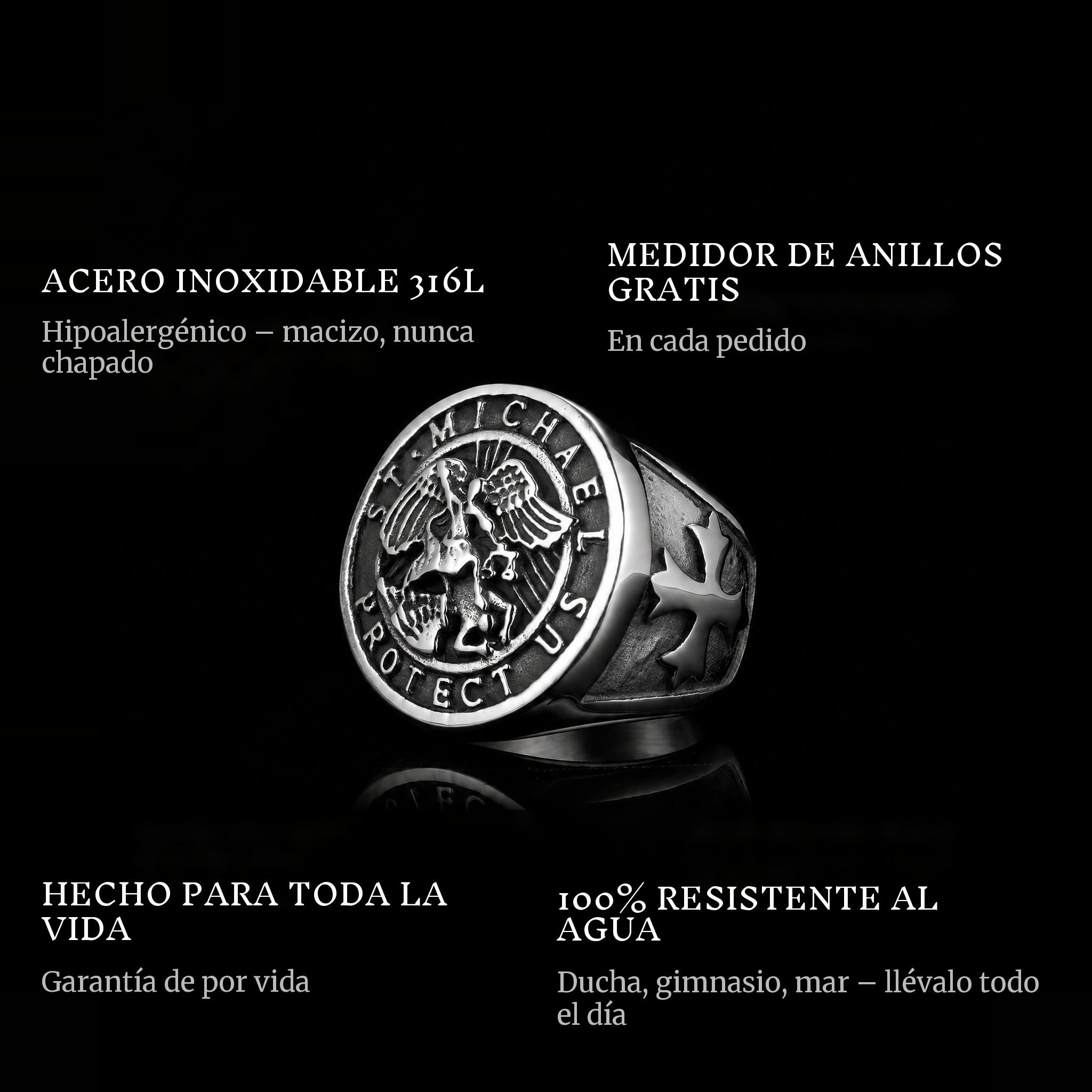 Saint Michael ring features: 316L stainless steel, free ring sizer in every order, 100% waterproof, lifetime guarantee