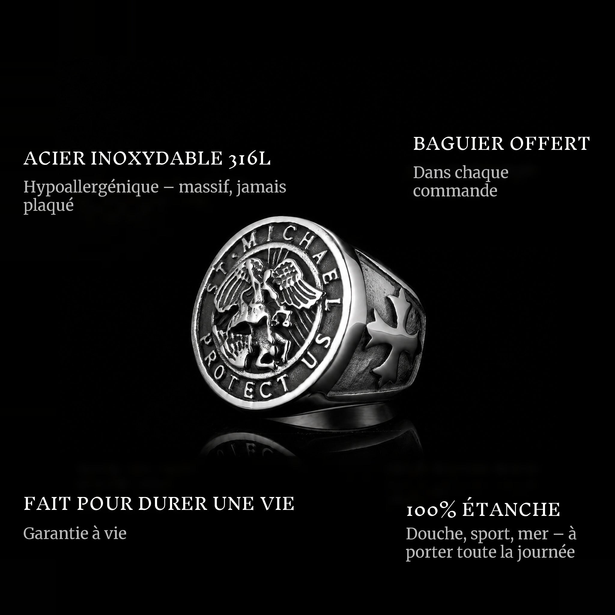 Saint Michael ring features: 316L stainless steel, free ring sizer in every order, 100% waterproof, lifetime guarantee