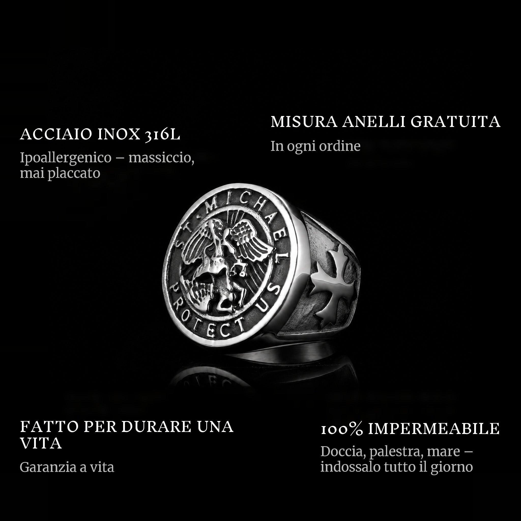Saint Michael ring features: 316L stainless steel, free ring sizer in every order, 100% waterproof, lifetime guarantee