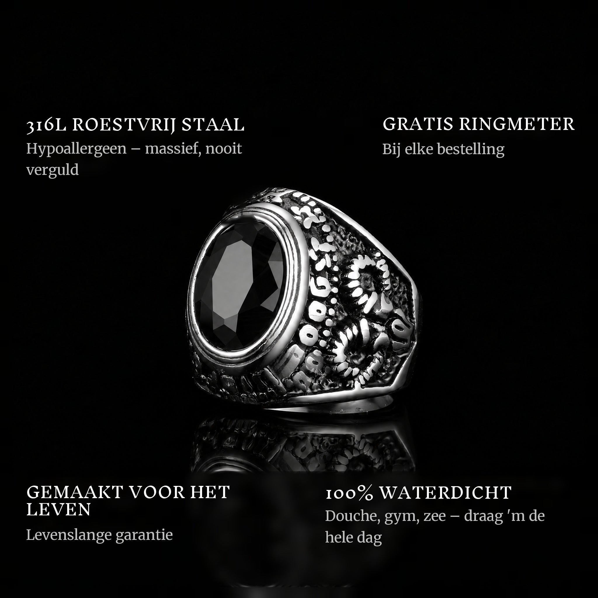 Sea Cruiser ring features: 316L stainless steel, free ring sizer in every order, 100% waterproof, lifetime guarantee