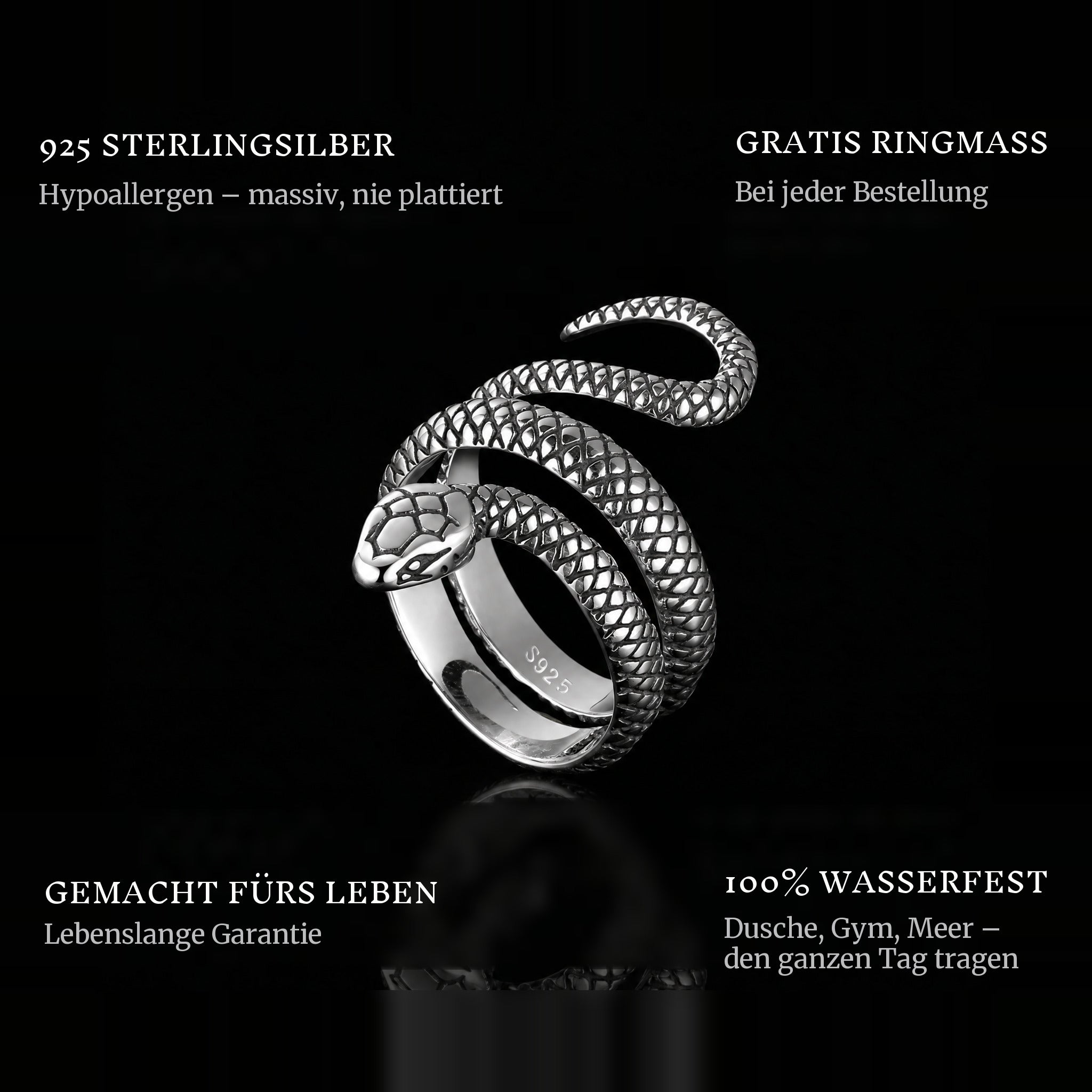 Serpent ring features: 925 sterling silver, free ring sizer in every order, 100% waterproof, lifetime guarantee