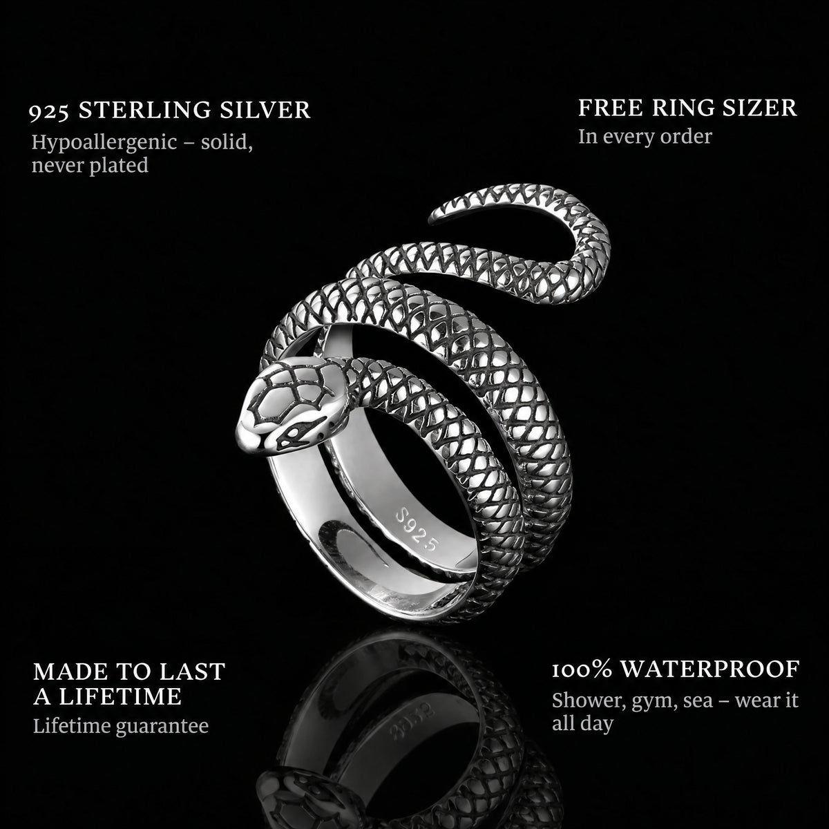 Serpent ring features: 925 sterling silver, free ring sizer in every order, 100% waterproof, lifetime guarantee