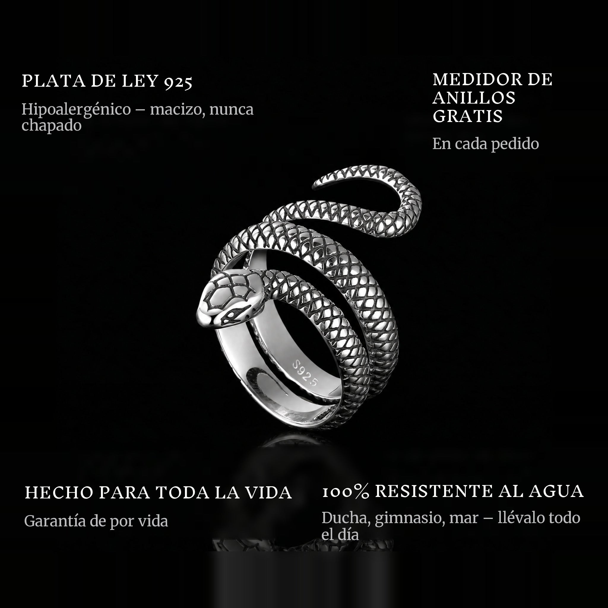 Serpent ring features: 925 sterling silver, free ring sizer in every order, 100% waterproof, lifetime guarantee