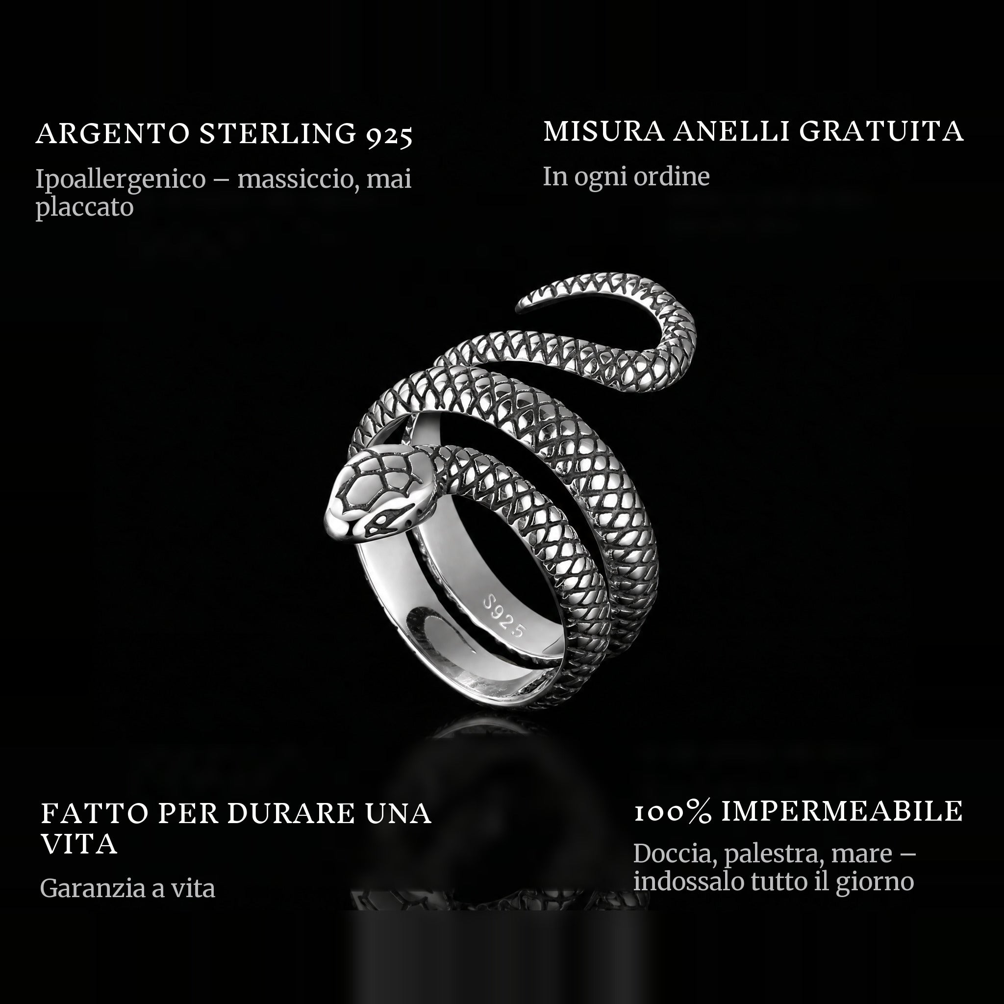Serpent ring features: 925 sterling silver, free ring sizer in every order, 100% waterproof, lifetime guarantee